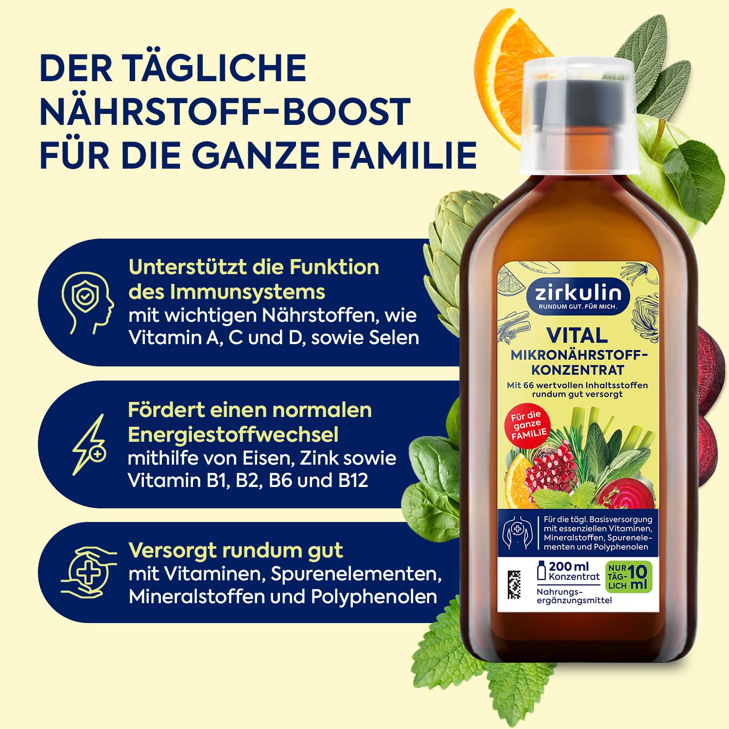 Zirkulin Vital Mikronährstoffkonzentrat 3x200ml – 60 Tage Reichweite - 66 Vitalstoffe aus Obst, Gemüse & Kräutern - Wertvolle Polyphenole – Vitamine & Mineralstoffe für die Familie