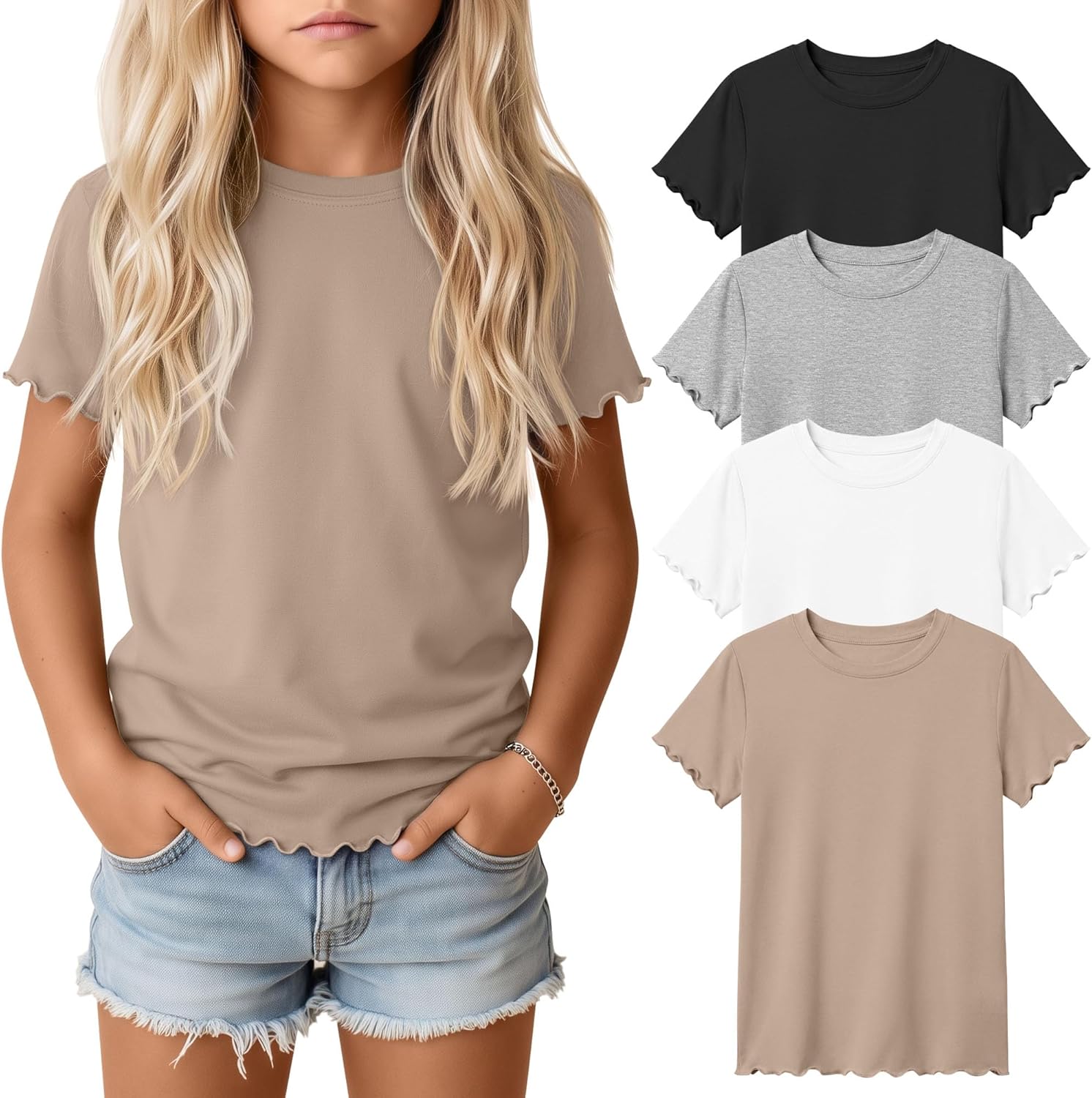 Oakgarden 4 Pack Girls Short Sleeve T-Shirts Kids Summer Tops Crewneck Lettuce Trim Teens Comfy Slim Fitted Tees 5-16 Years