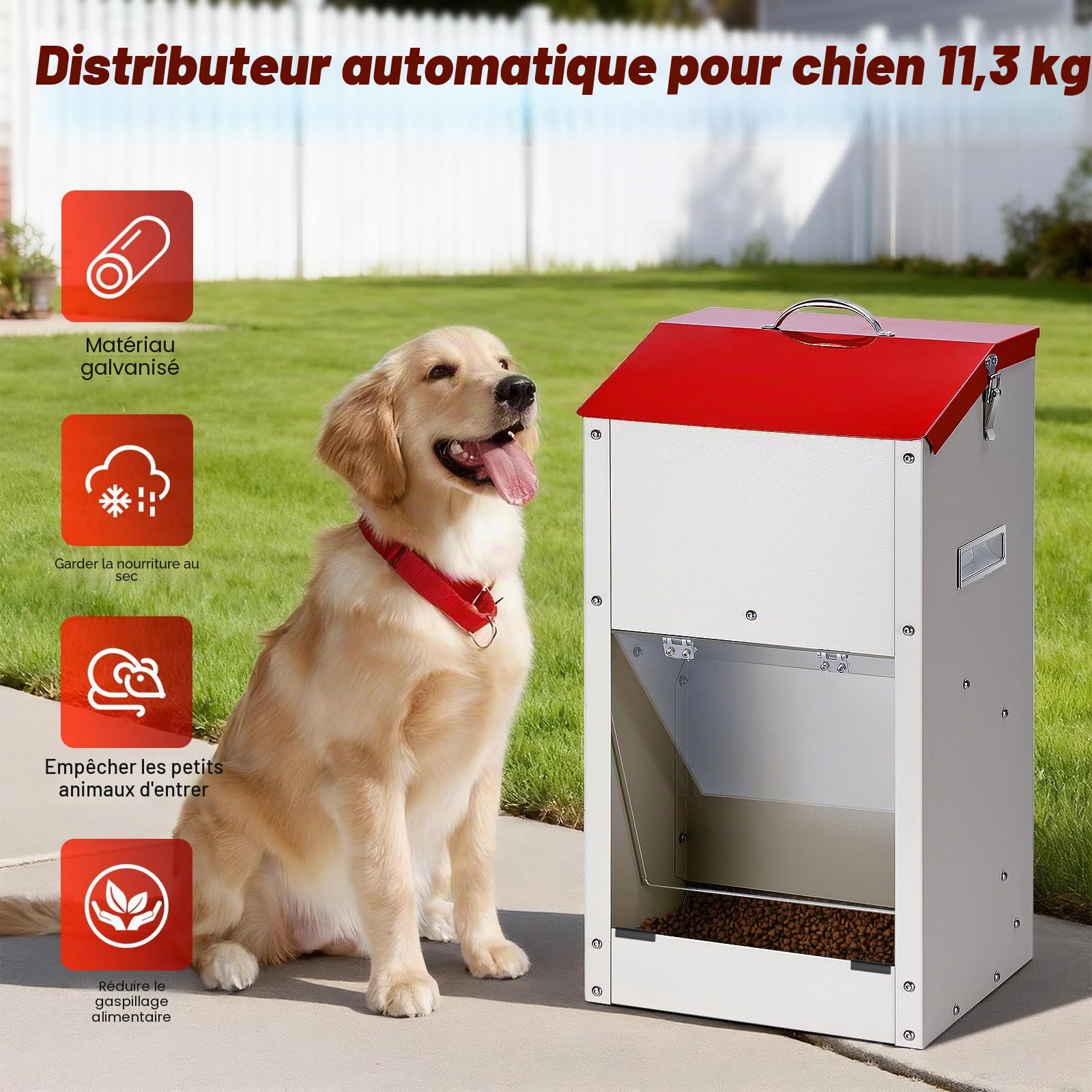 Distributeur Croquettes Chien Automatique, Mangeoire Gravity pour Grand Chien Capacité 11 Kg, Couvercle Protecteur, Idéale Intérieur et Extérieur