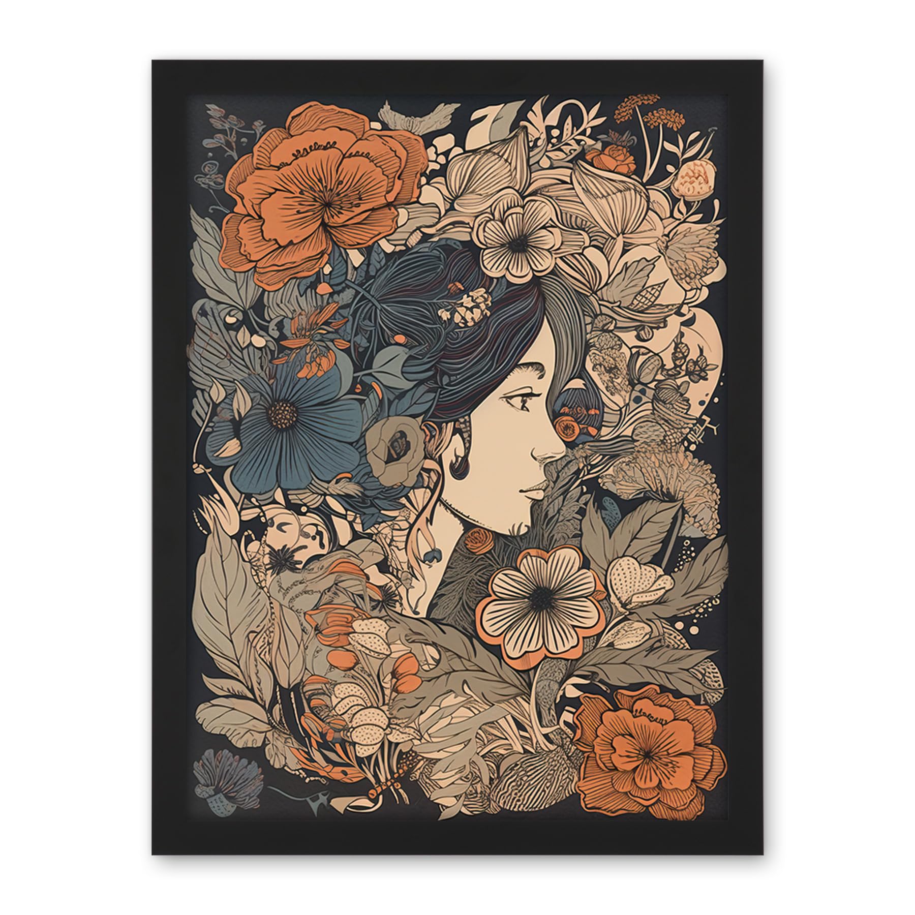 Artery8 Woman Floral Profile Portrait Boho Art Nouveau Artwork Framed Wall Art Print 18X24 Inch