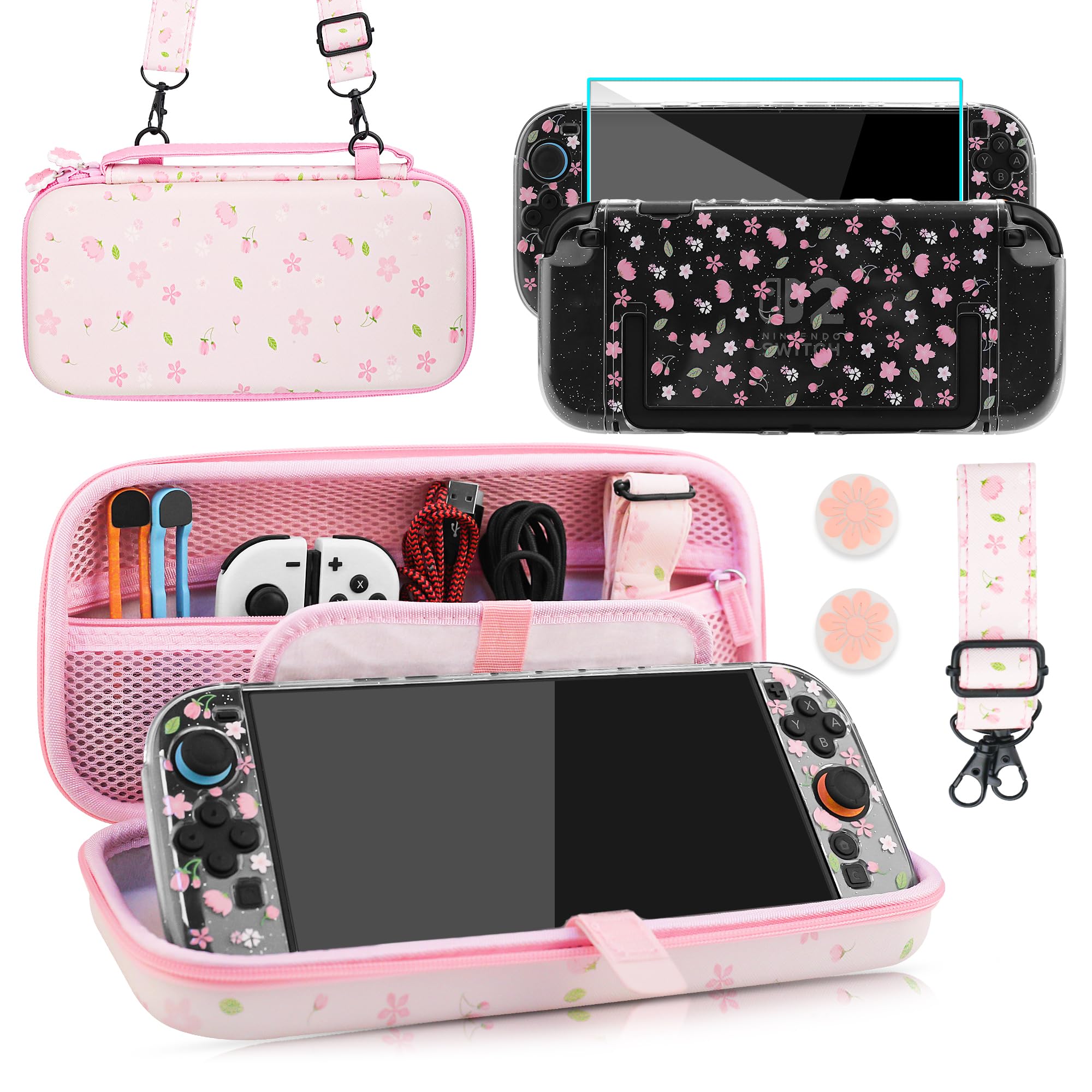 Custodia da trasporto Sakura rosa compatibile con Nintendo Switch 2 2025, con cover protettiva rigida Switch 2, pellicola protettiva per schermo HD, tracolla e 2 tappi per pollice, ragazza