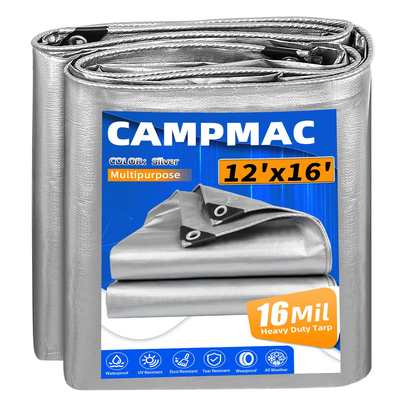 Photo 1 of Extra Heavy Duty Tarp, 16 Mil Thick, High Durability, with Metal Grommets Every 18 Inches (Silver, 12 Feet x 16 Feet) 12 Feet x 16 Feet Silver