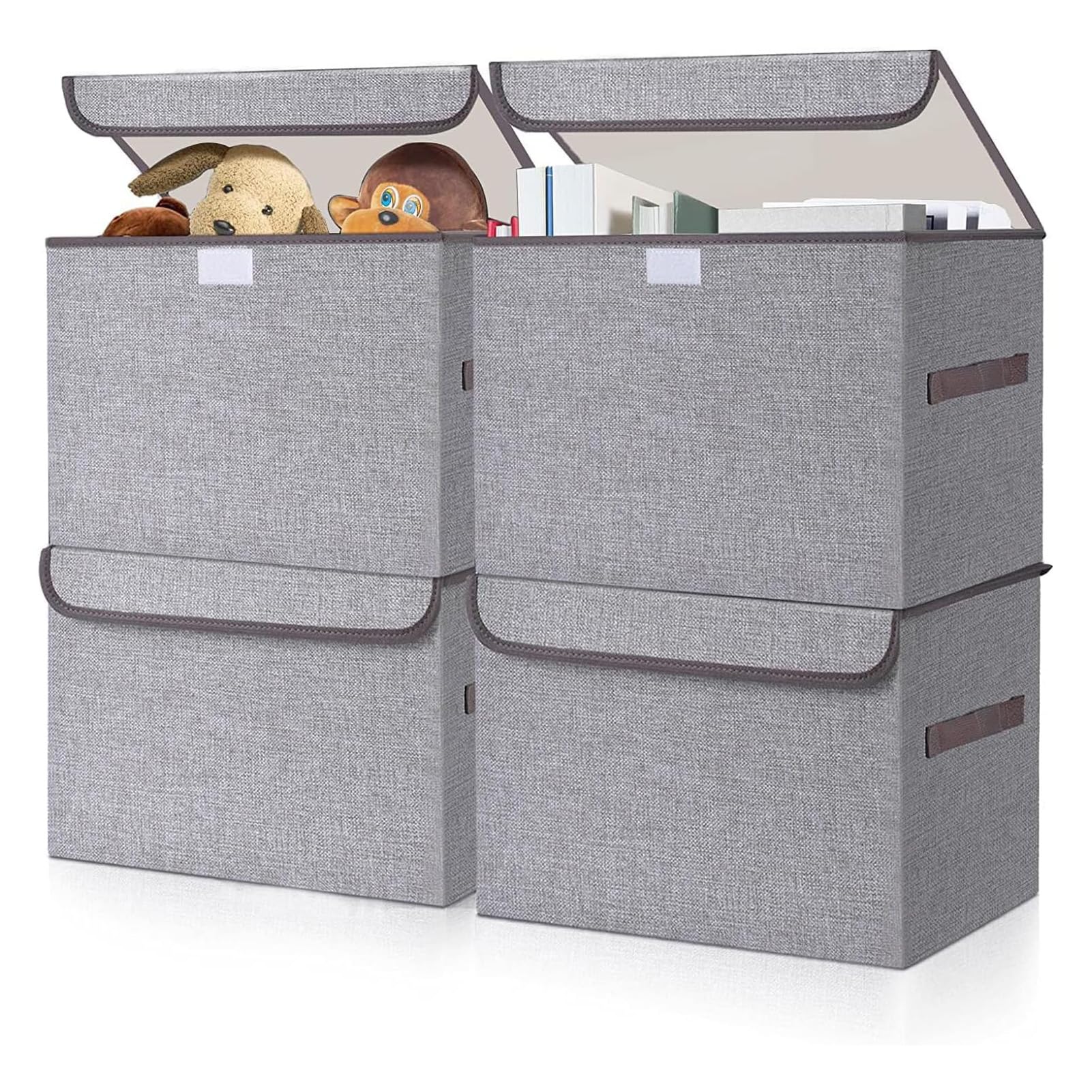 U-HOOME 4 Pack Large 22 Quart Linen Fabric Foldable Storage Bin Cube Organizer Basket with Flip-Top Lid & Handles, Sturdy Collapsible Toys Storage, Clothes Blanket Box for Home, Office, Closet