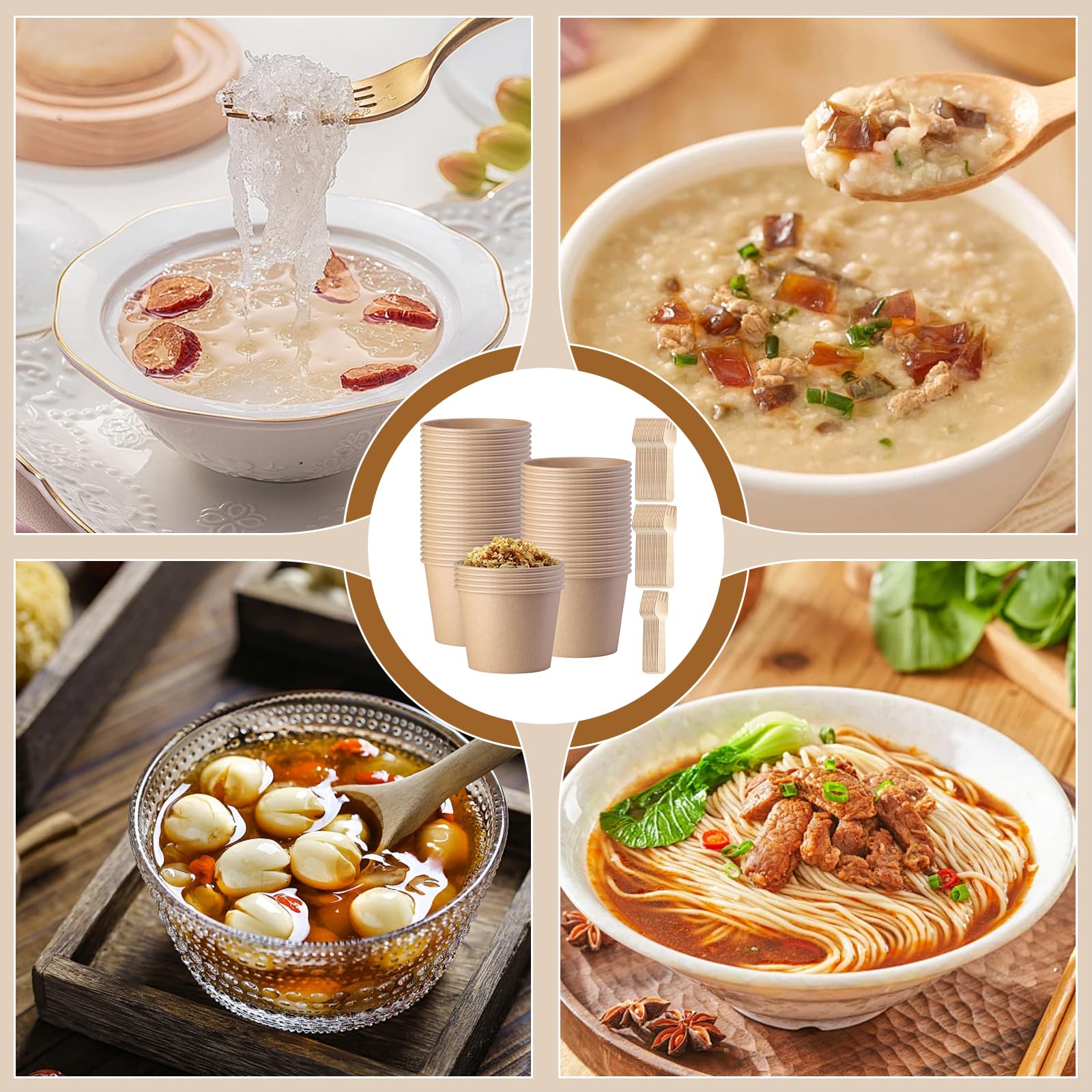 50 tazze da zuppa to go 240 ml carta kraft compostabili marroni rotonde con forchetta