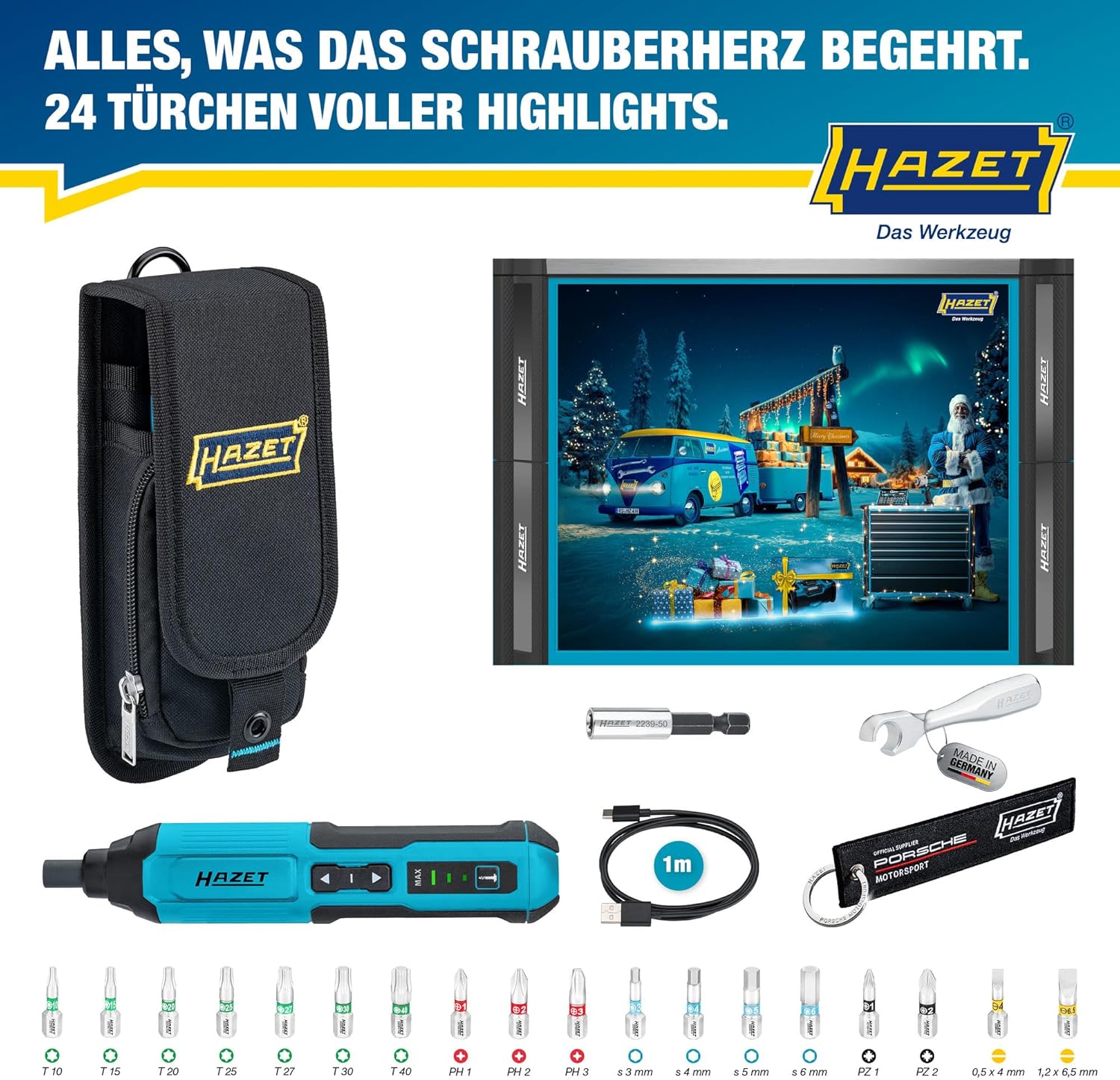HAZET Advent Calendar 2025, 24 Pieces, with 1/4 Inch Cordless Screwdriver, 18 Bits, USB-C Cable, Adapter, Key Ring, Bottle Opener, Practical Tool Bag in Christmas Calendar, Tool Calendar