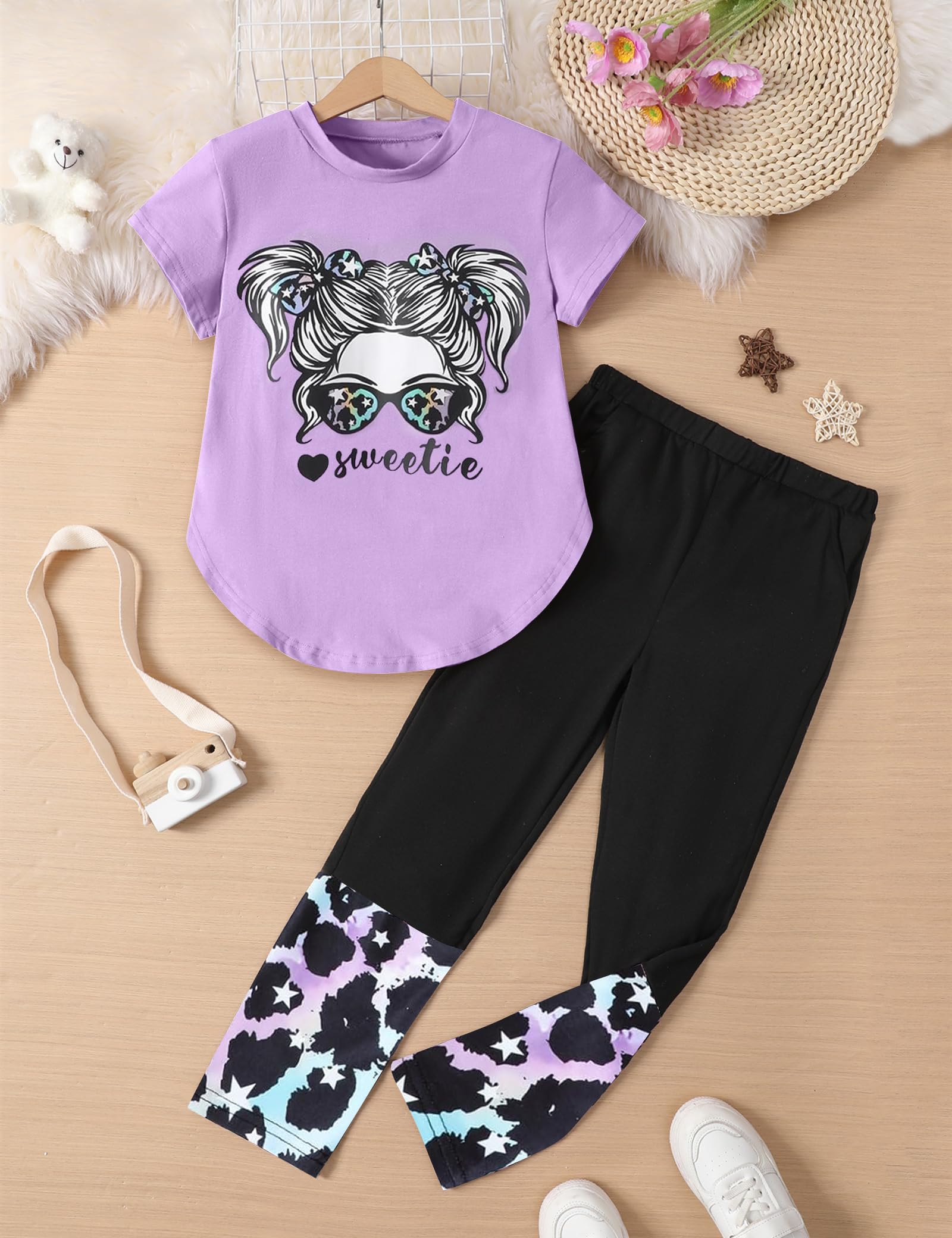 Conjunto de 2 piezas de pantalones de verano de manga corta y leggings largos de camuflaje, 6-14T