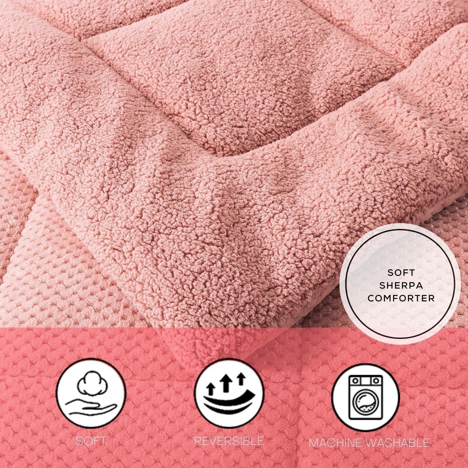 KASENTEX Super Ultra Soft Luxury Plush Sherpa Comforter, Cozy Reversible Fleece - Goose Down Alternative Fill, Machine Washable Bedding, Sunset Rose Pink, King Size