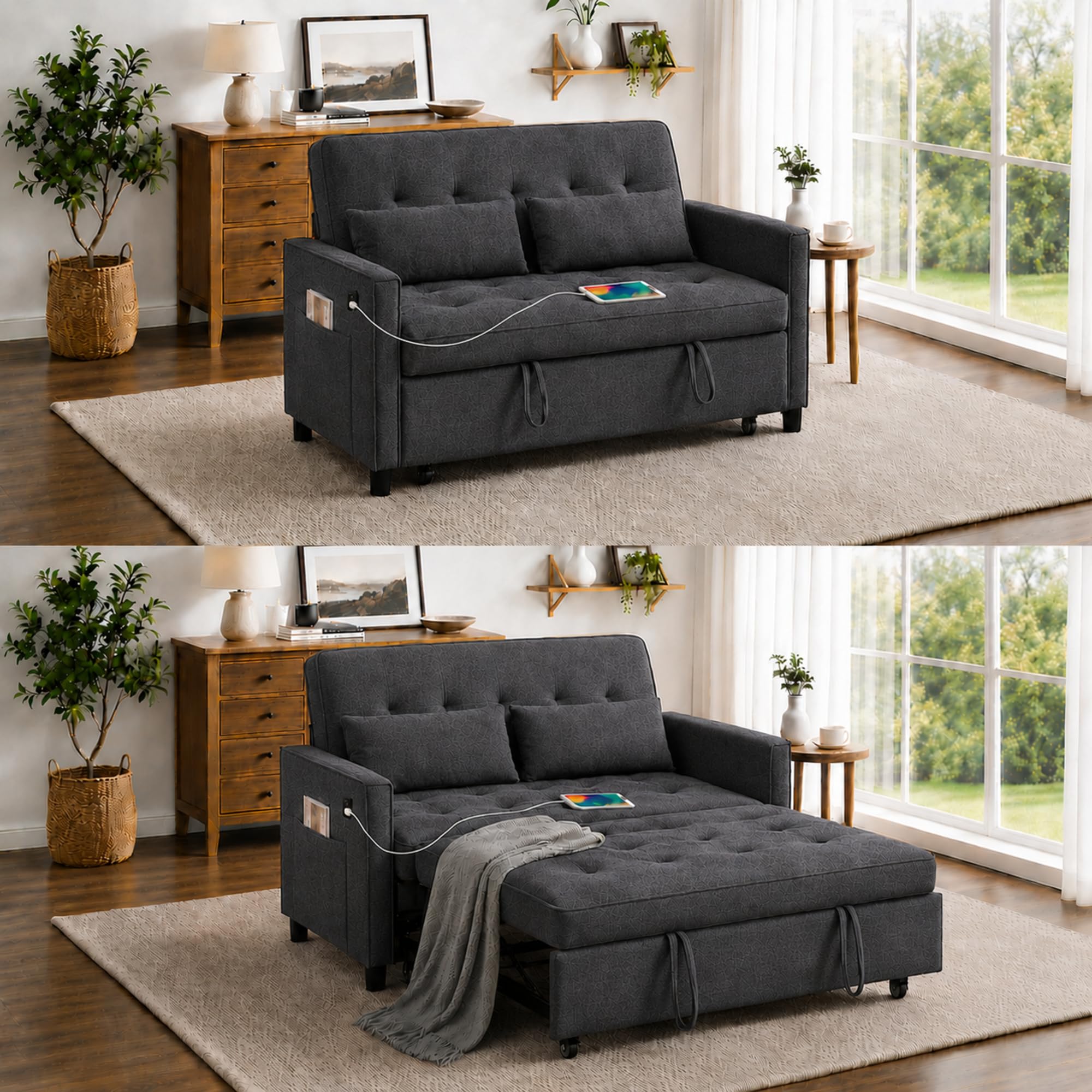 Photo 1 of howcool 3-in-1 Convertible Sleeper Sofa Bed, 54" Pull Out Couch, Modern Loveseat Sleeper Sofa with Adjustable Reclining Backrest and USB Ports for Living Room, Small Spaces, Dark Gray