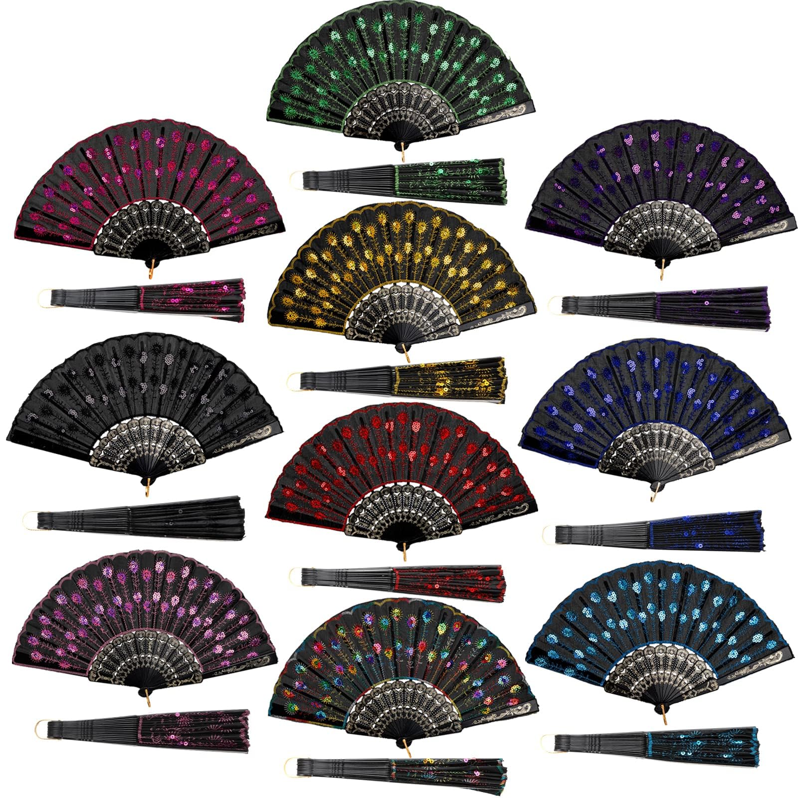 ZEAYEA 10 Pcs Hand Folding Fan, Embroidered Peacock Folding Handheld Fan, 10 Colors Decorative Folding Fans for Party Wedding Dancing Performance Decoration