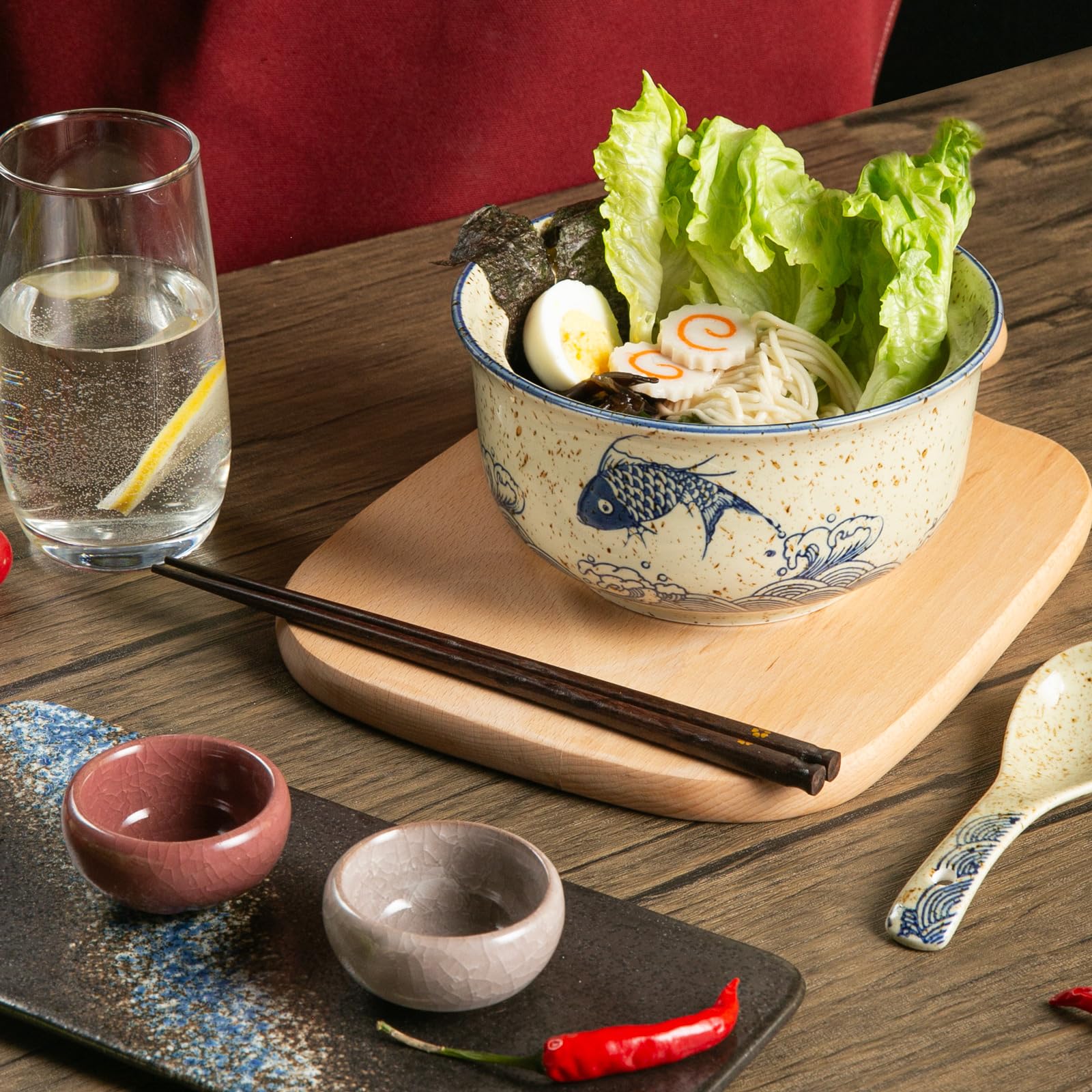 Ensemble de bols à ramen avec cuillère et baguettes, 2 x 800 ml Bols à ramen japonais en céramique avec couvercle, bols à soupe en porcelaine - Poisson