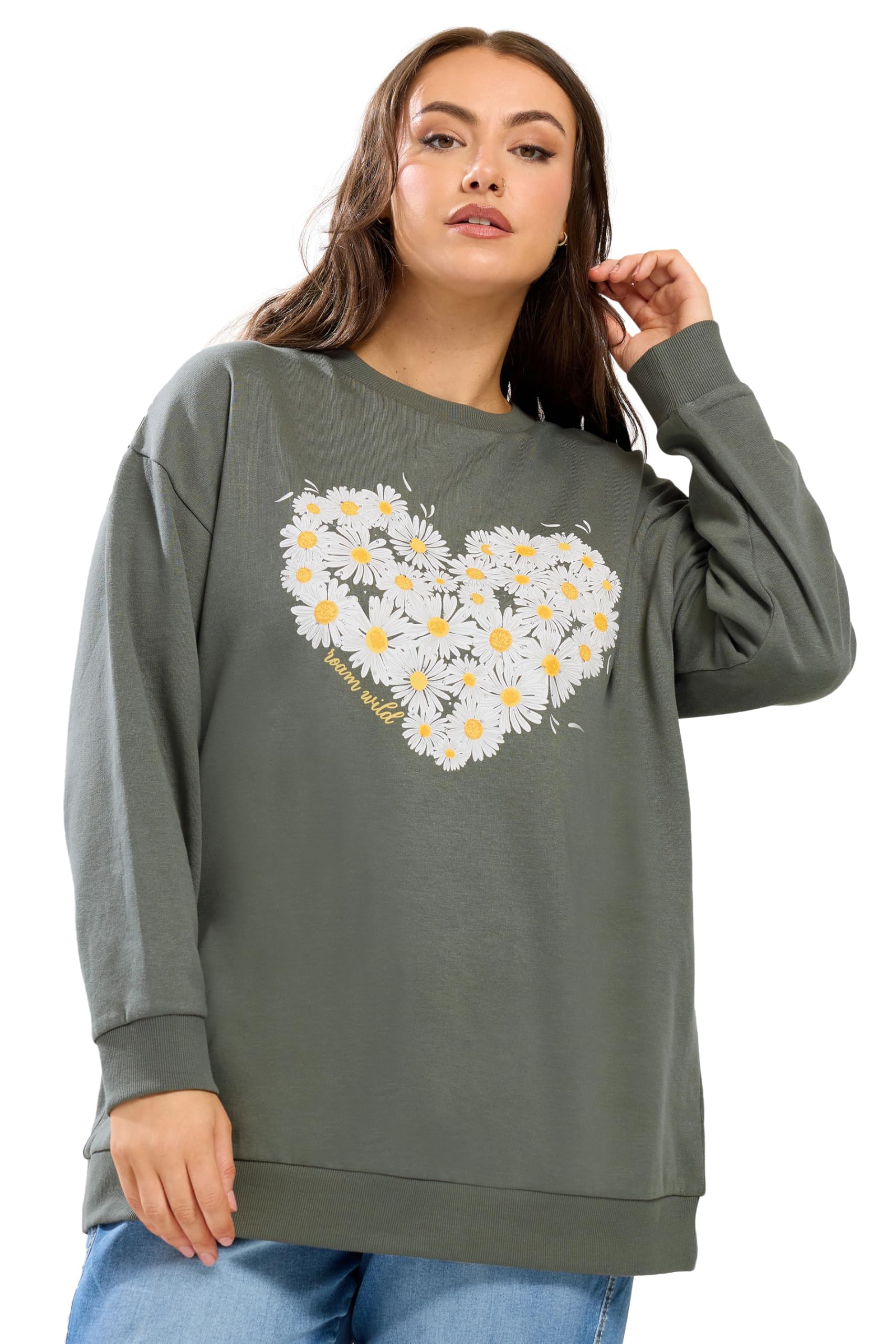 Yours Women's Green Curve Sage Daisy Print Studded Sweatshirt - Plus Size Curve