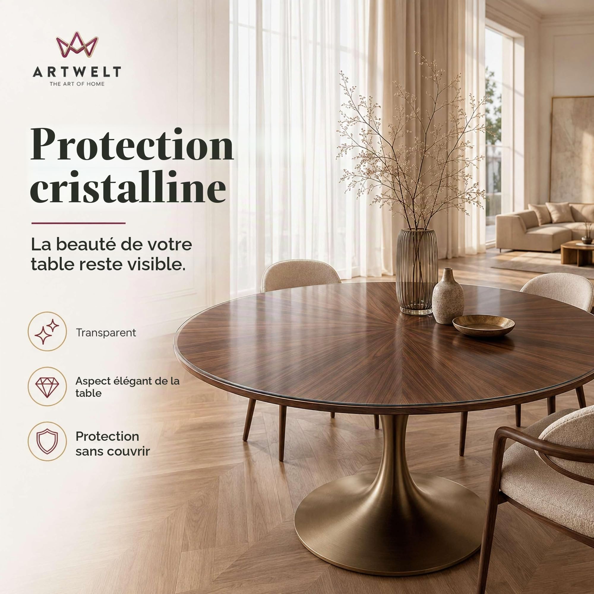 Artwelt Nappe Transparente Ronde Film Protection de Table Imperméable Lavable Résistant à la Graisse Film pour Les Tables Rondes Taille Souhaitée en Diamètre 60cm
