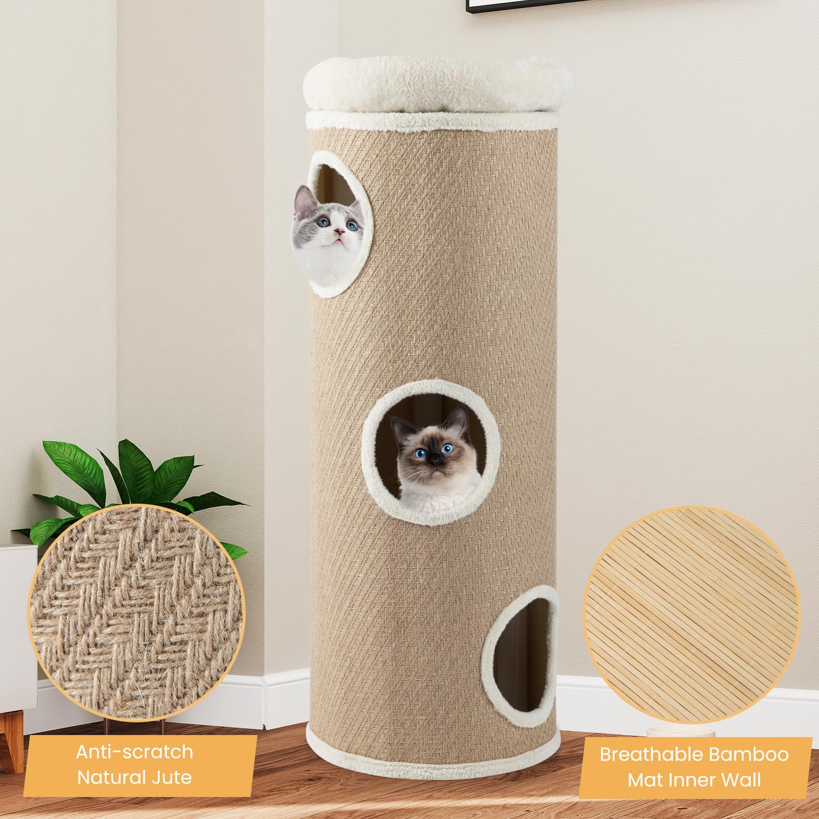 SOARS Kratztonne für Katzen XXL, 113 cm Katzentonne mit 3 Höhlen und abnehmbarem Plüschbett, Kratzbaum, Katzenturm, Ø 39 cm