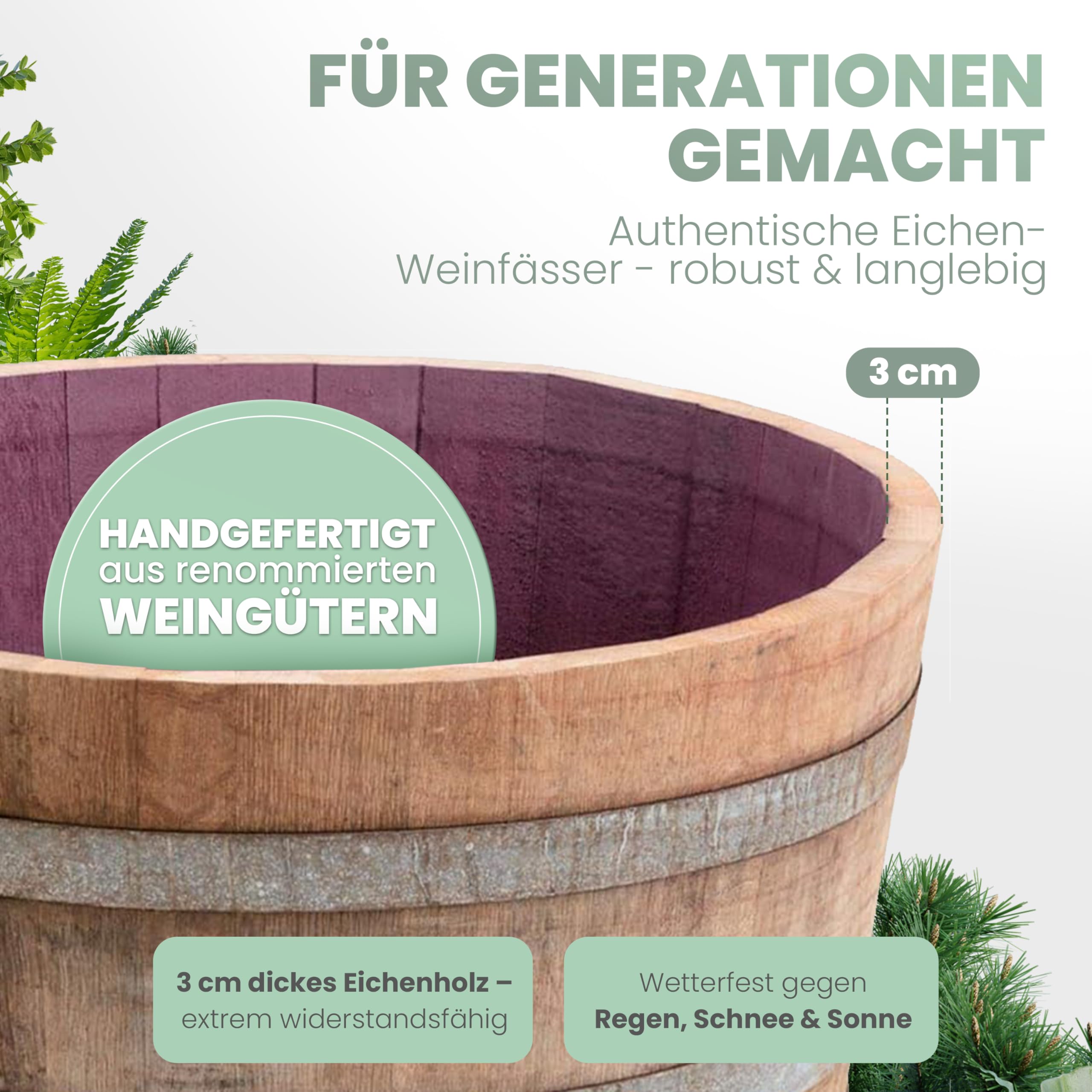 Temesso Blumentopf, Blumenkbel, Holzfass als Pflanzkbel, Weinfass  halbiert mit Rollen D70cm H40cm; Original Fass : Amazon.de: Garten