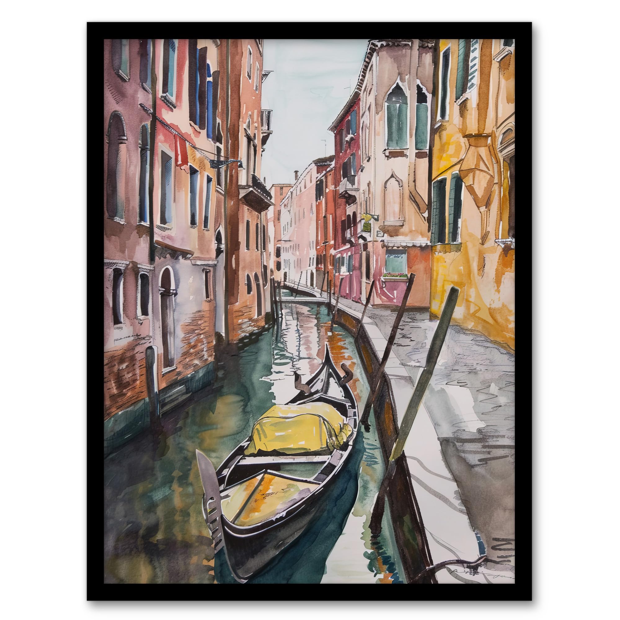 Artery8 Gondola in Venice Canal Watercolour Classic Living Room Artwork Framed Wall Art Print 18X24 Inch