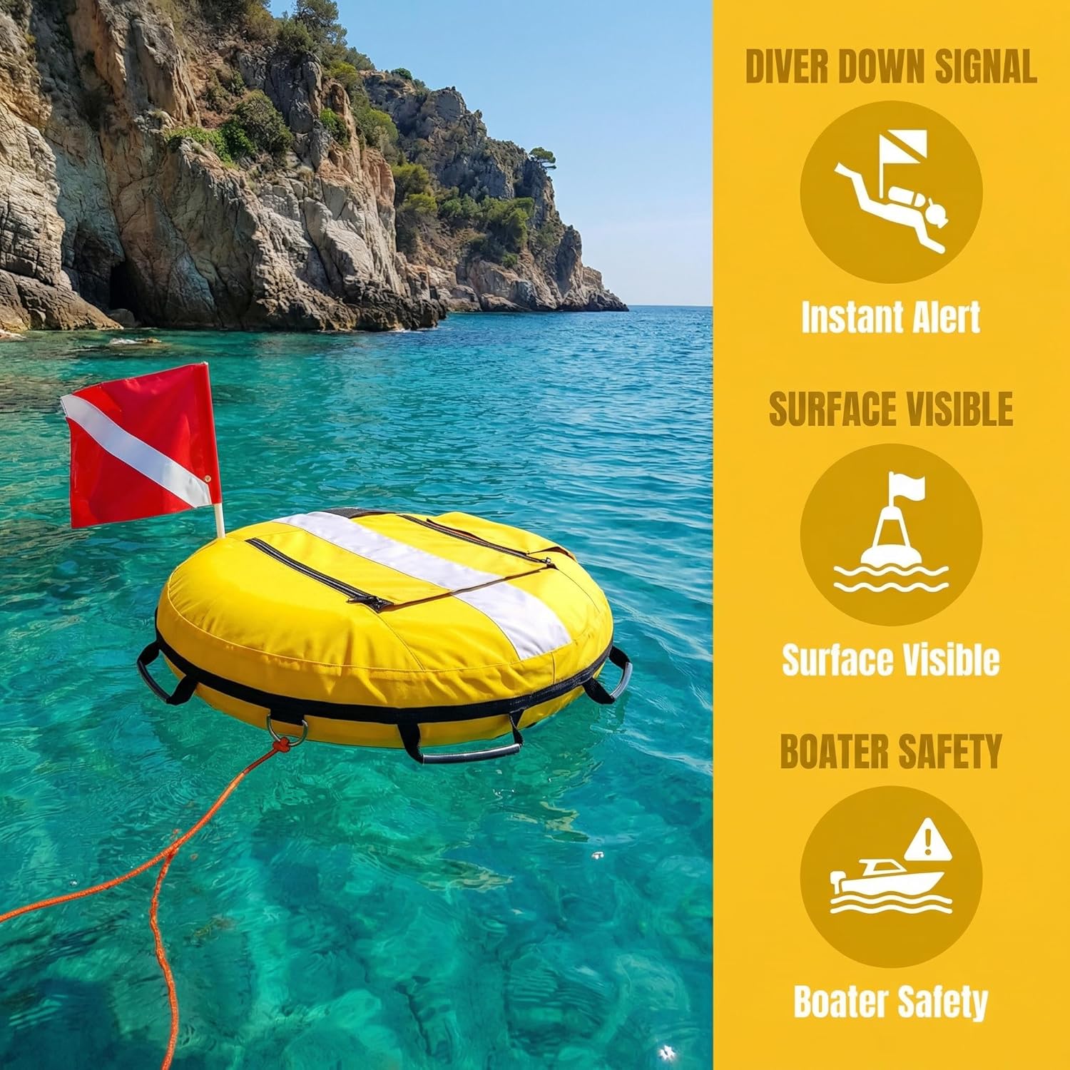 Dive Float Buoy with Flag, Yellow and White, Inflatable Safety Marker with Rope