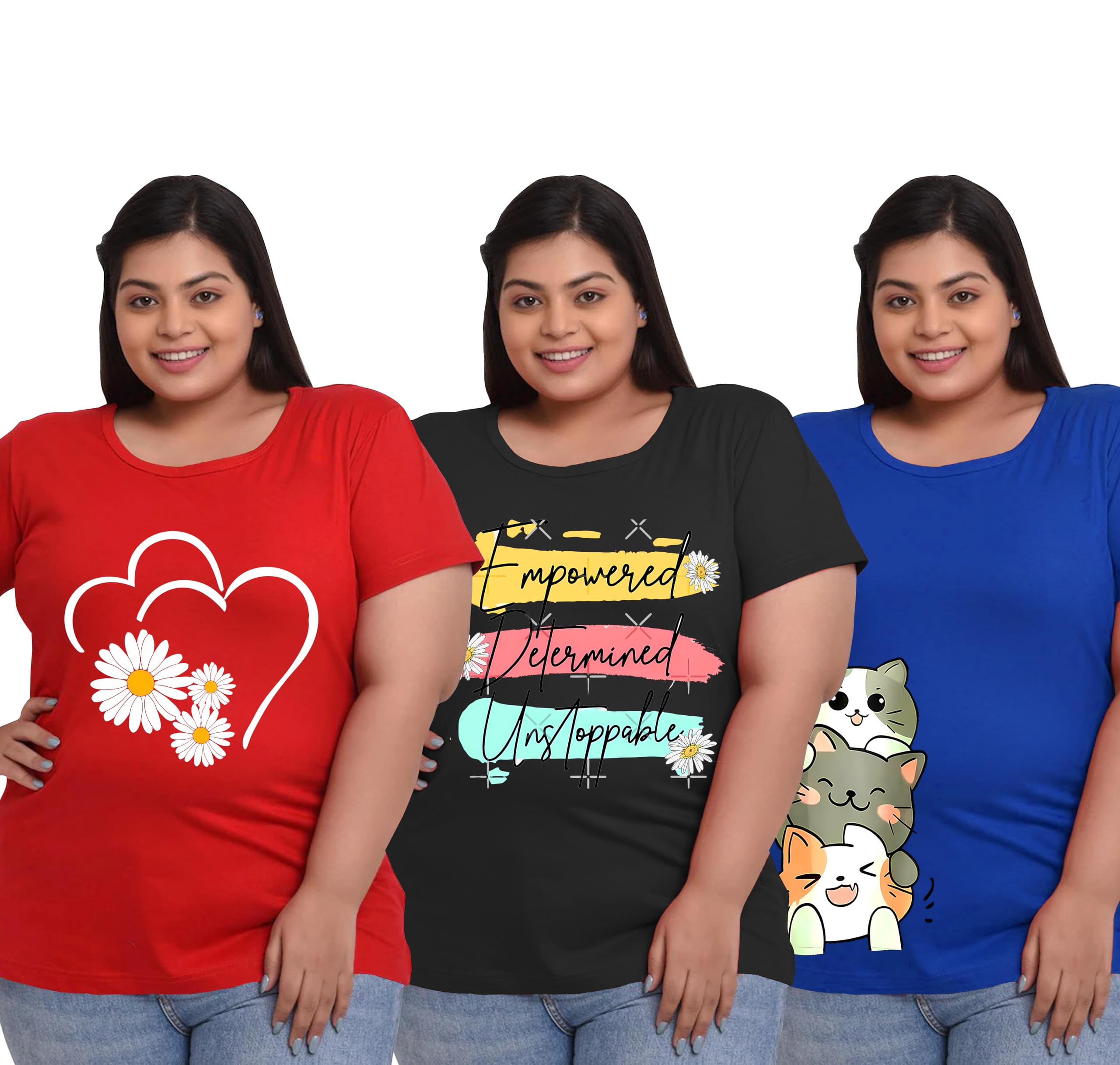 elite soul Womens Plus Size Cotton T-Shirt Combo Pack of 3 ? Graphic Printed Curvy Fit Tees for Sleep, Yoga, Gym, Stretchable Soft Fabric Tops-picture-14
