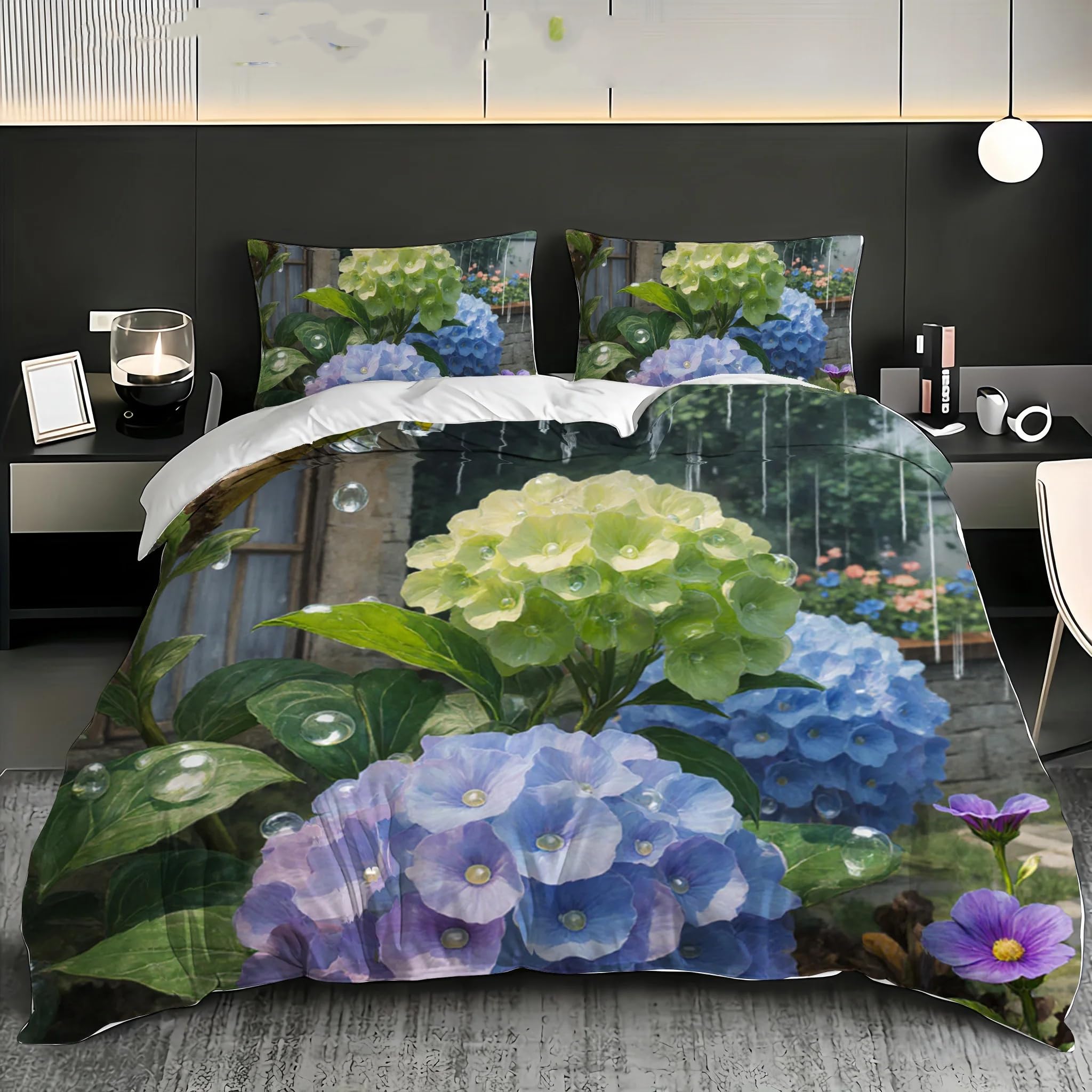 Housse de couette parure de lit 2 personnes fleur verte en microfibre