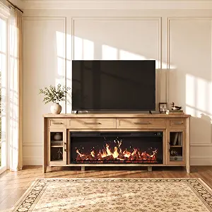 BELLEZE 74" Apex Extra Large TV Stand with 48" Electric Fireplace - Camel
