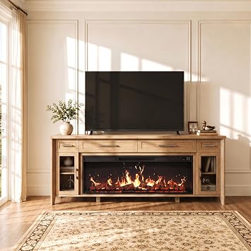 BELLEZE 74" Apex Extra Large TV Stand with 48" Electric Fireplace - Camel