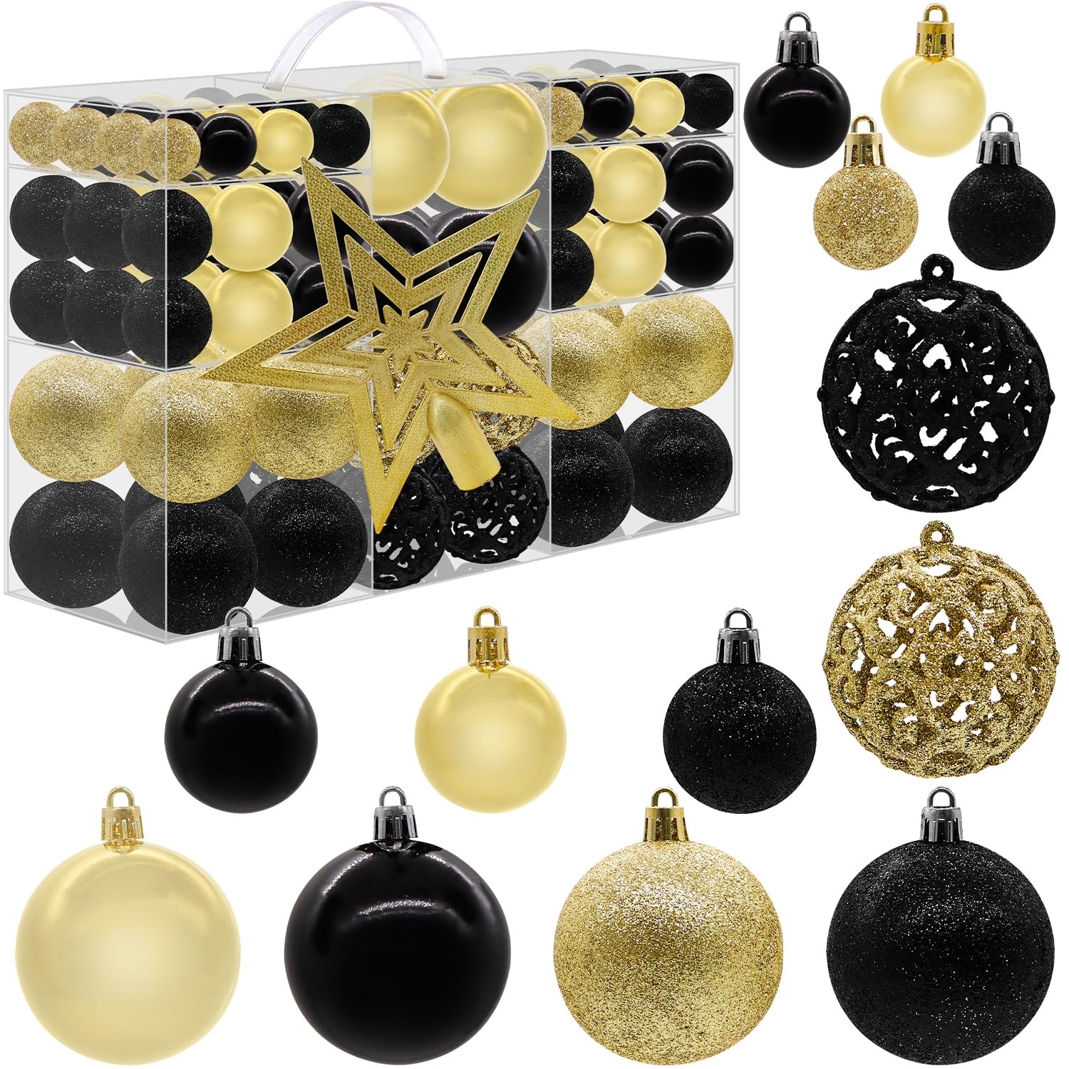 Secalife Gold Black Christmas Baubles, Christmas Tree Decorations Ornaments Balls 100Pcs Mixed 3/4/6Cm With A Tree Topper, Shatterproof Hanging Bauble Set For Xmas Holiday Party,