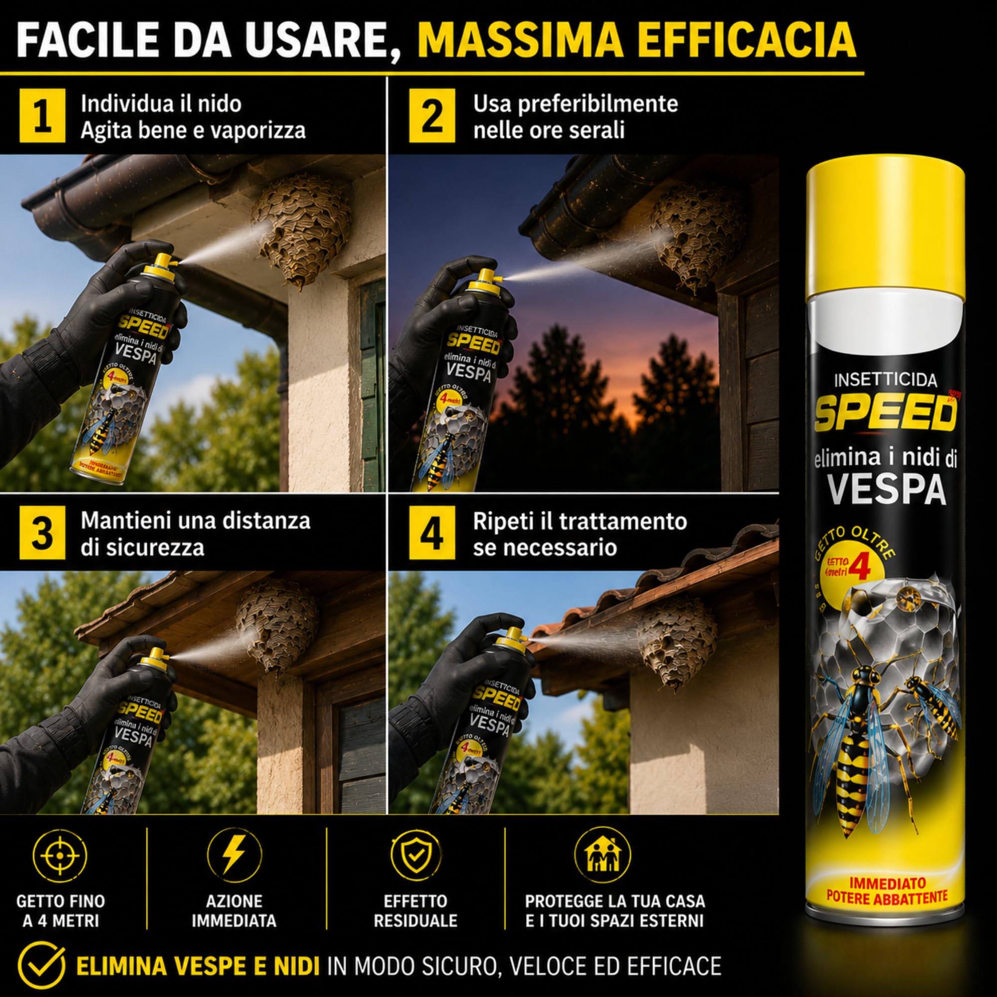 1 Bottiglia da 750 ml Speed Spray Vespe e Nidi - Lunga Gittata 4 metri | Uso domestico e civile; per grondaie, sottotetti e pensiline; effetto residuale e AZIONE RAPIDA
