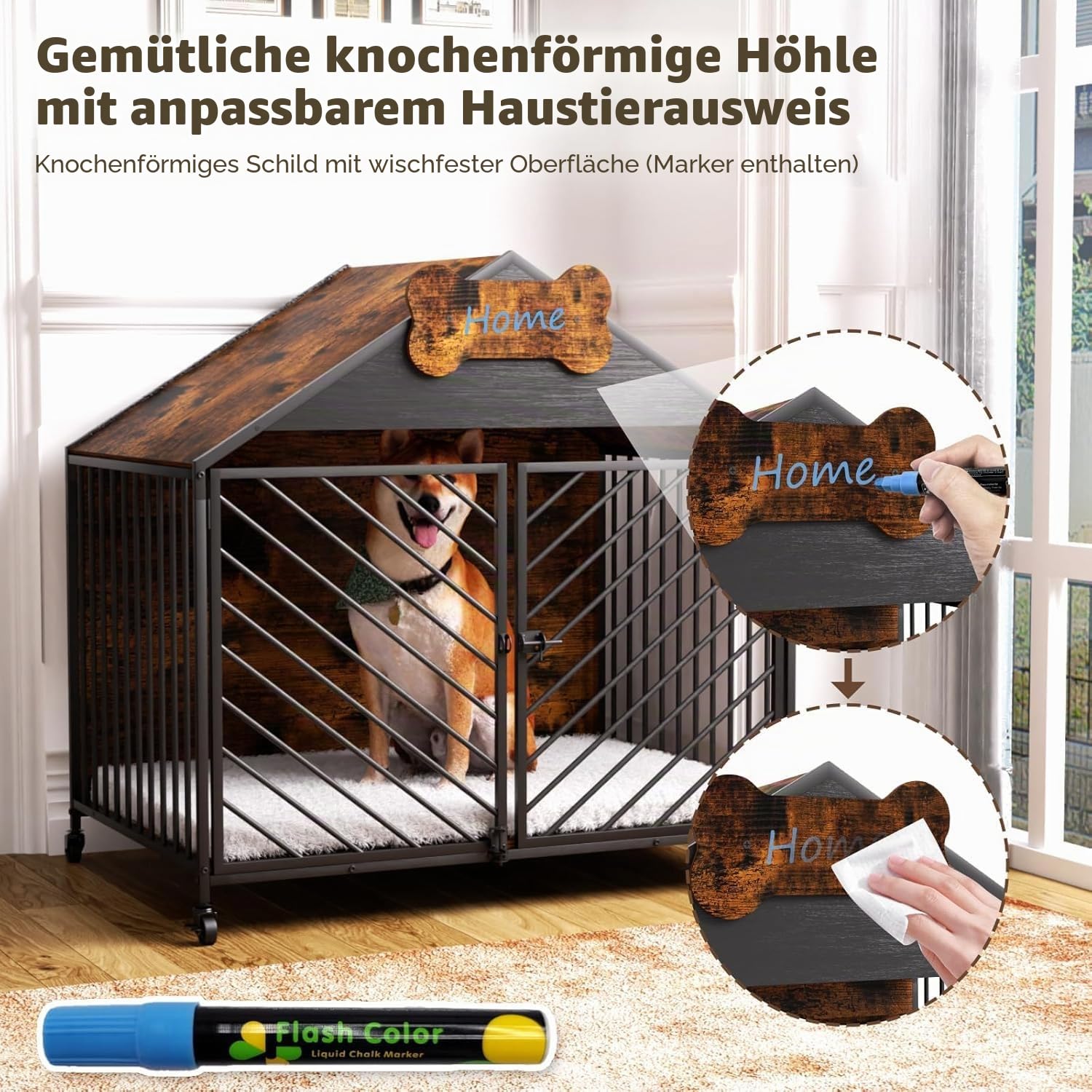 Hundekäfig Möbel, 100 cm Hundebox, Kissen, Rollen, Haustier-id | Hundeschrank für Groß Hunde, Moderne Hundebox für Zuhause, Abschließbar Tür hundekiste, 100×63×94 cm