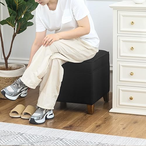 Miniatura 118 de Adeco Taburete de almacenamiento con diseño de escritura de tela, tapa con bisagras, patas de madera maciza, otomanas de 18 pulgadas de altura y 3D