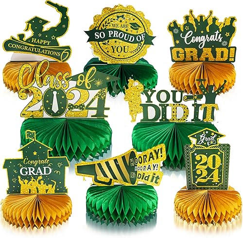 Decoraciones de fiesta de graduación, oro verde 2023oro verde, decoraciones de graduación clase de 2023, centros de mesa de panal de abeja,
