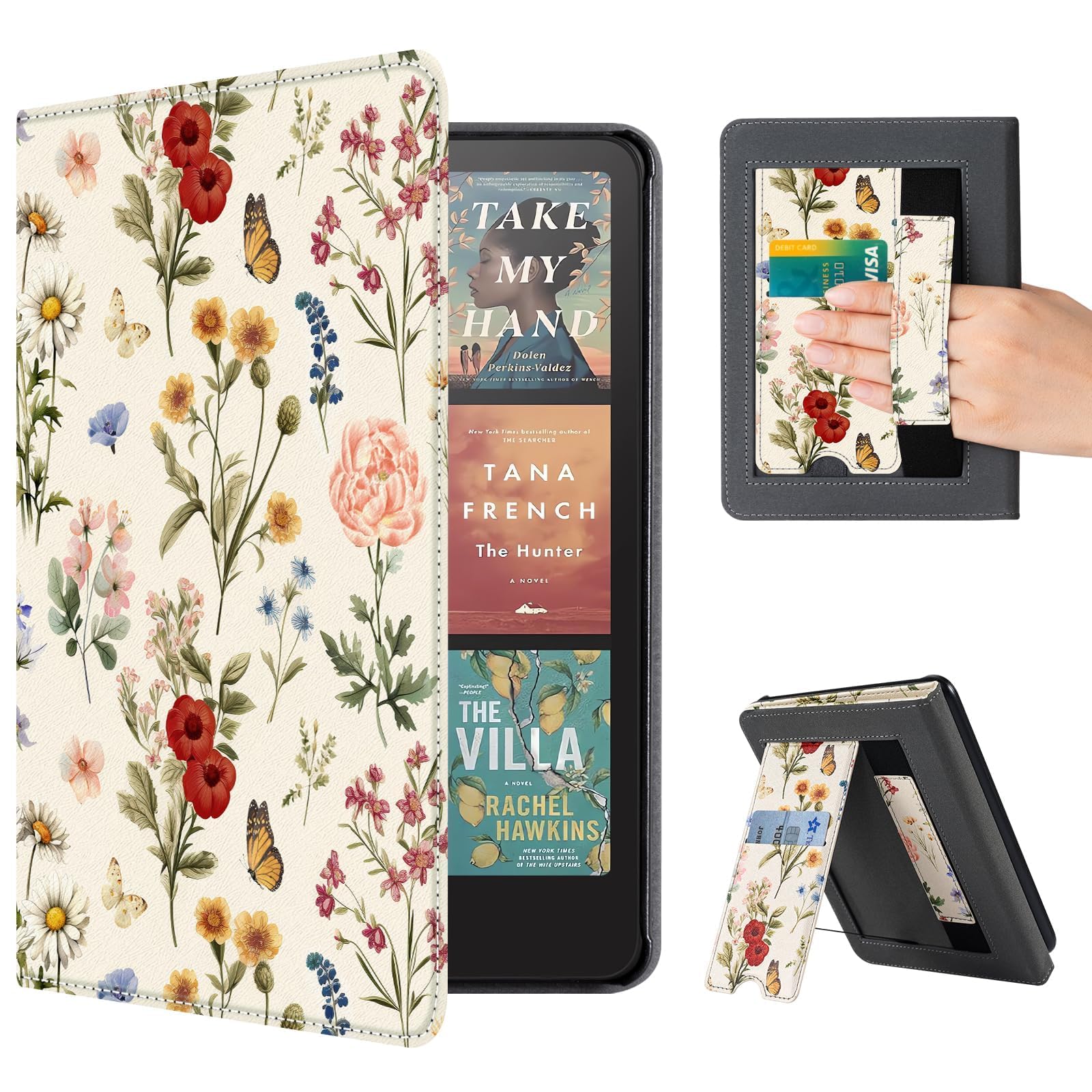 CoBak Case with Stand for Kindle Paperwhite 12th Gen 2024 Released (7") &amp; Kindle Colorsoft Signature Edition - Durable PU Leather Cover with Auto Sleep Wake, Card Slot, Hand Strap Feature, Floralia
