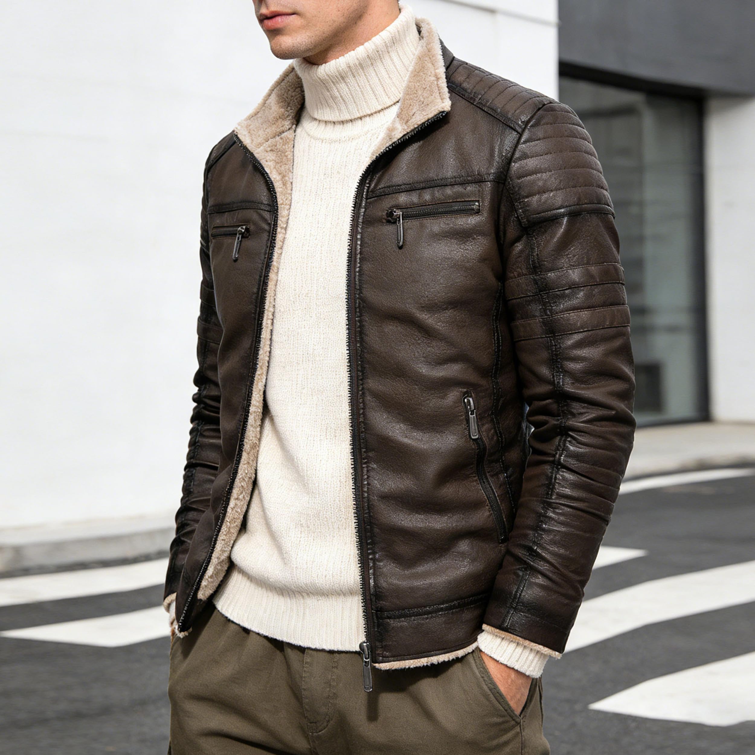 Chaqueta de motociclista de piel sintética para hombre, con cuello alto y forro polar, informal y cálida.