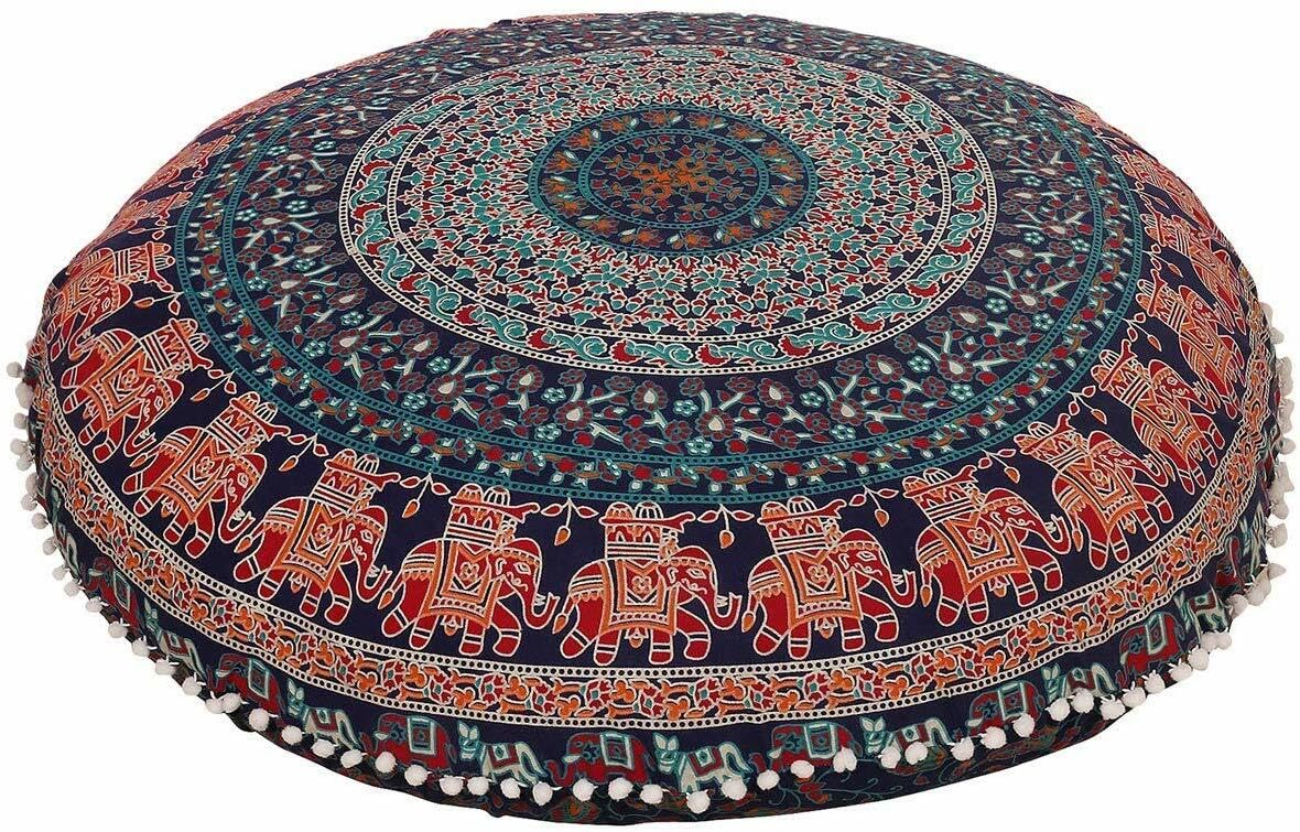 RHF Mandala Large Floor Pillow Cover, Round Decorative Pillow Sham, Indian Bohemian Ottoman Poufs, Pom Pom Pillow Cases, Outdoor Cushion Cover (Blue White, 32 Inch Round) 1