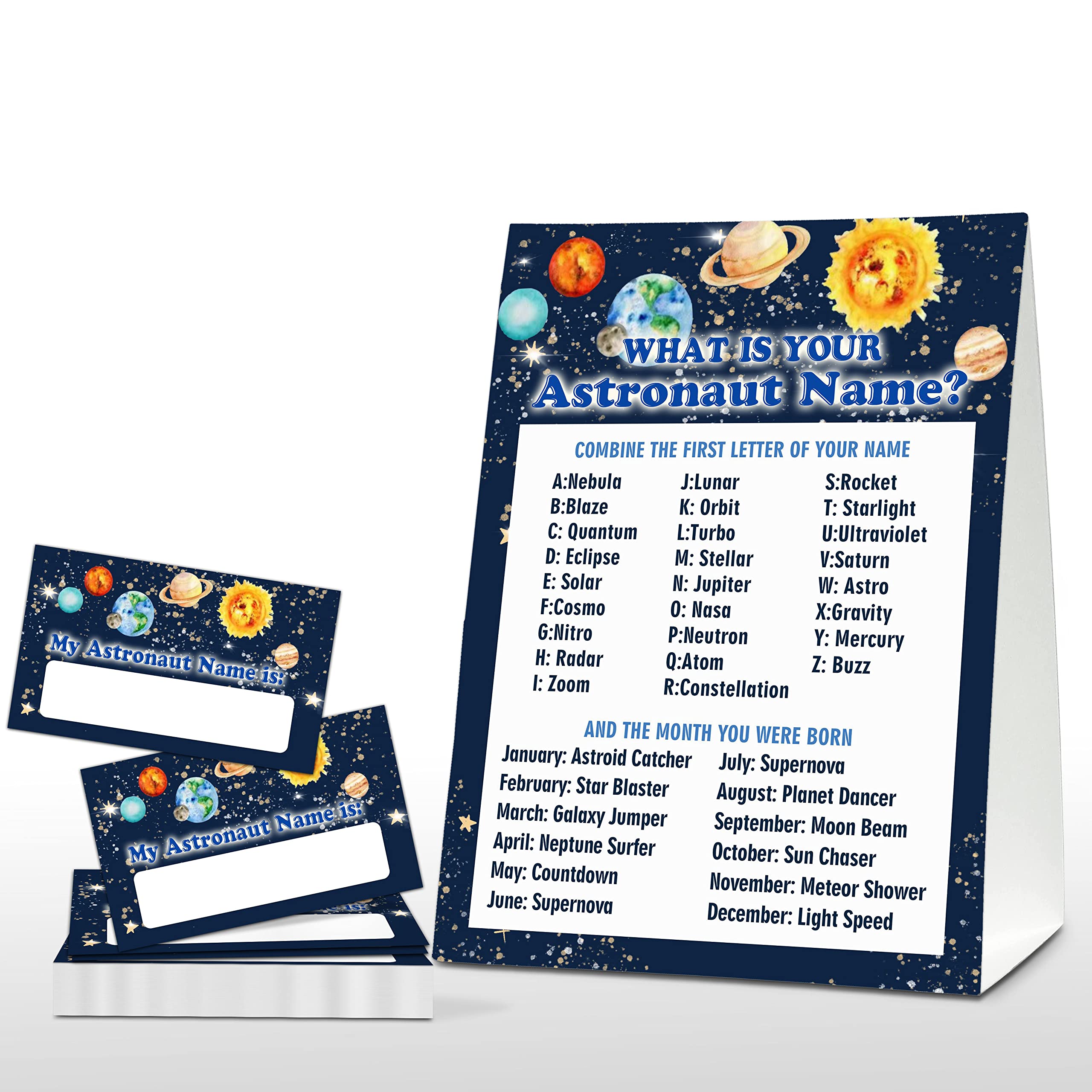 What's Your Astronaut Name Game - Outer Space Birthday Party Games for Boys - Family School Classroom Activity - 1 Standing Sign and 30 Stickers - Kids Space Party Supplies Decorations(13)
