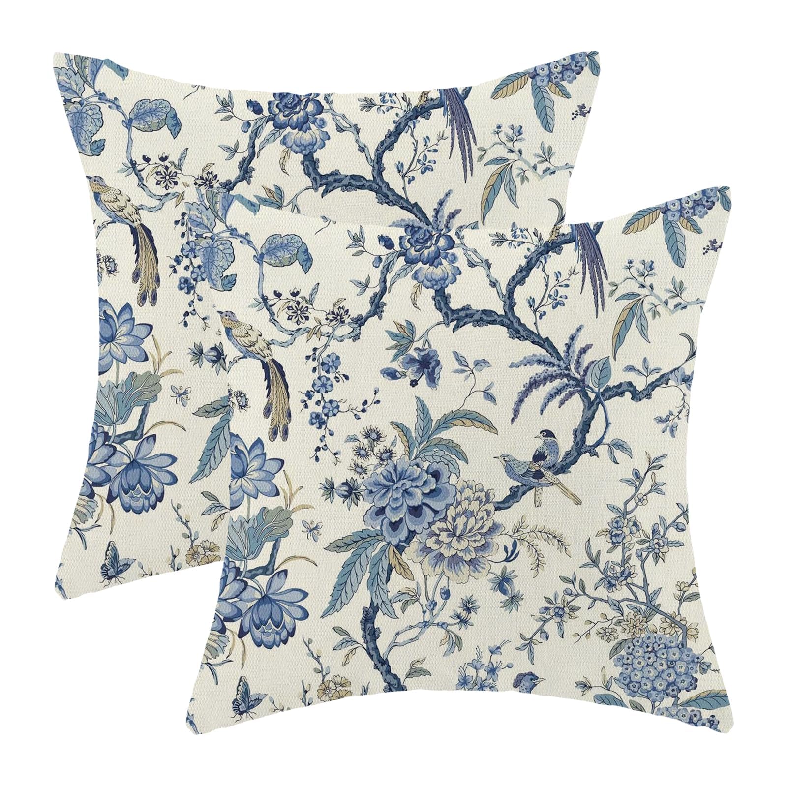 CXMEIFLY Spring Floral Birds Pillow Covers 22 x 22 Inch Set of 2 for Chinoiserie Flowers Decor Throw Pillows Blue and White Plant Outdoor Decorative