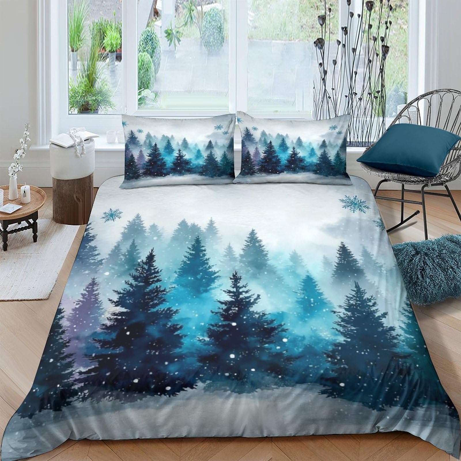 P5V6M1Q9 3D Printed Misty Pine Forest Duvet Cover Microfiber Soft Breathable Blue Woodland Bedding Set with 2 Pillowcases for Bedroom Decor Single（135x200cm）