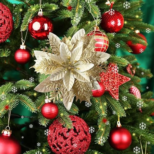 Miniatura 3 de Flores de Pascua con purpurina para árbol de Navidad, adornos artificiales para decoración del árbol de Navidad, guirnalda de corona, 12 unidades