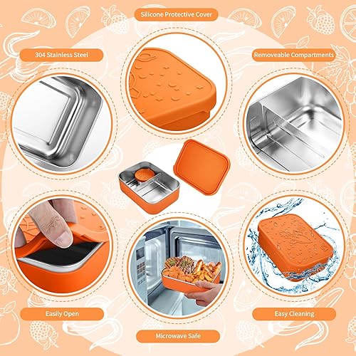 Miniatura 5 de Lonchera Bento, caja Bento de acero inoxidable con compartimentos extraíbles y 2 tazas de salsa, apta para lavavajillas, congelador, sin BPA, salvia