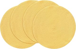Floroom 15 Inch Round Braided Placemats Set of 4, Washable Heat Resistant Cotton Polyester Circle Place Mats for Kitchen Dining Table - Yellow