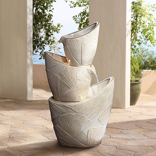 Tres urnas con hojas, fuente de agua asiática para interiores y exteriores, con luz LED de 30 pulgadas de alta resina en cascada para jardín, patio,