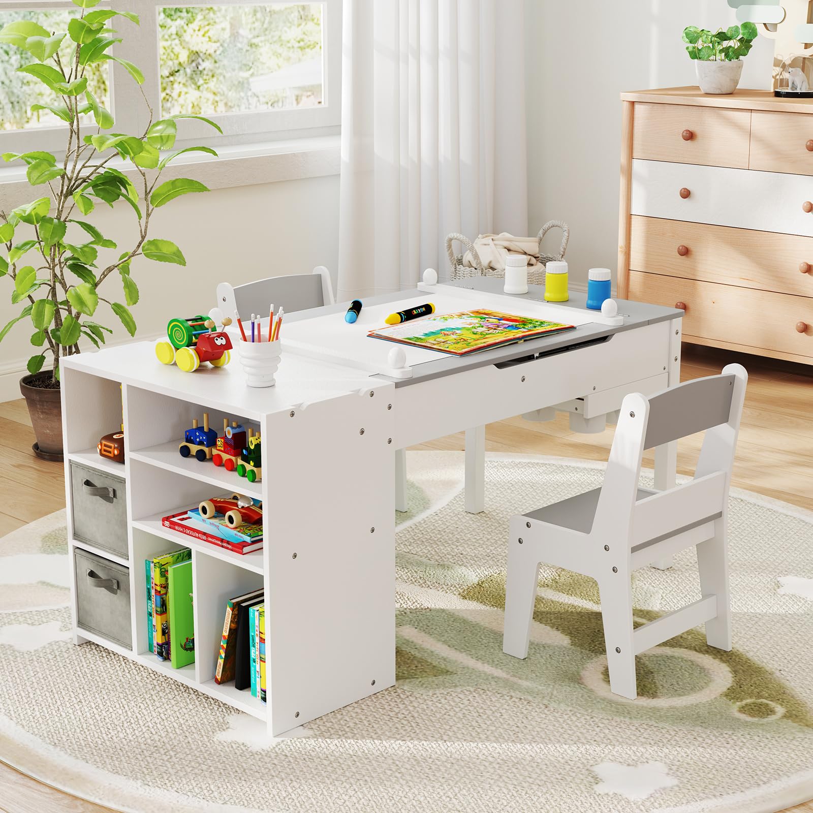 COSTWAY Kindertafel met 2 stoelen, 3-delige houten kinderzitgroep met dubbelzijdig tafelblad, 3-in-1 tekentafel, knutseltafel en activiteitstafel met opbergruimte voor kleine kinderen (naturel wit