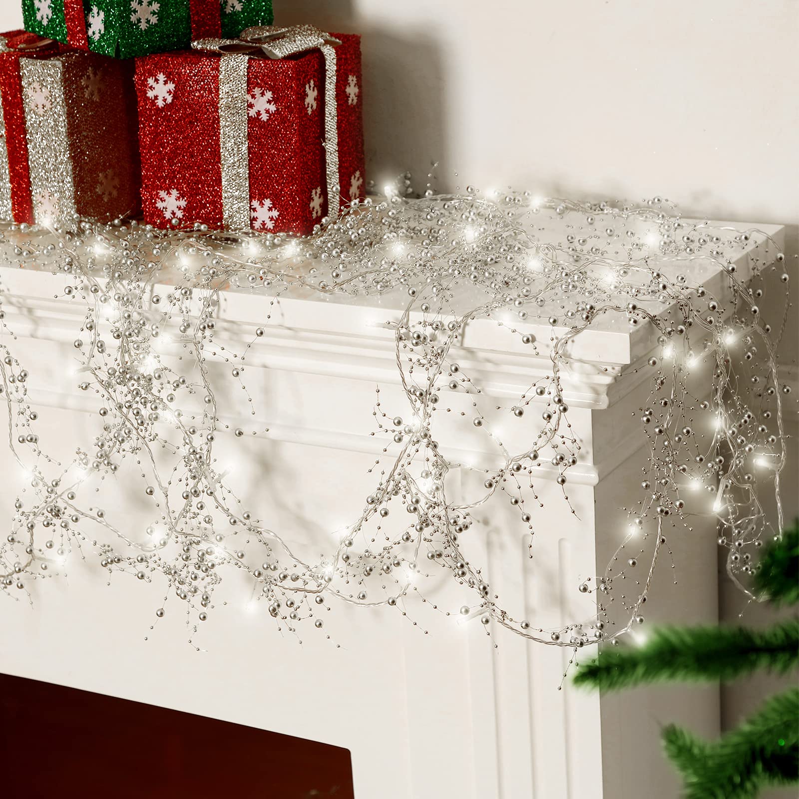 Honoson 33 ft Christmas White Berry Garland Lighted Berry Beaded Garland Christmas Fireplace Decorations, Glitter LED Bead for Fireplace Indoor