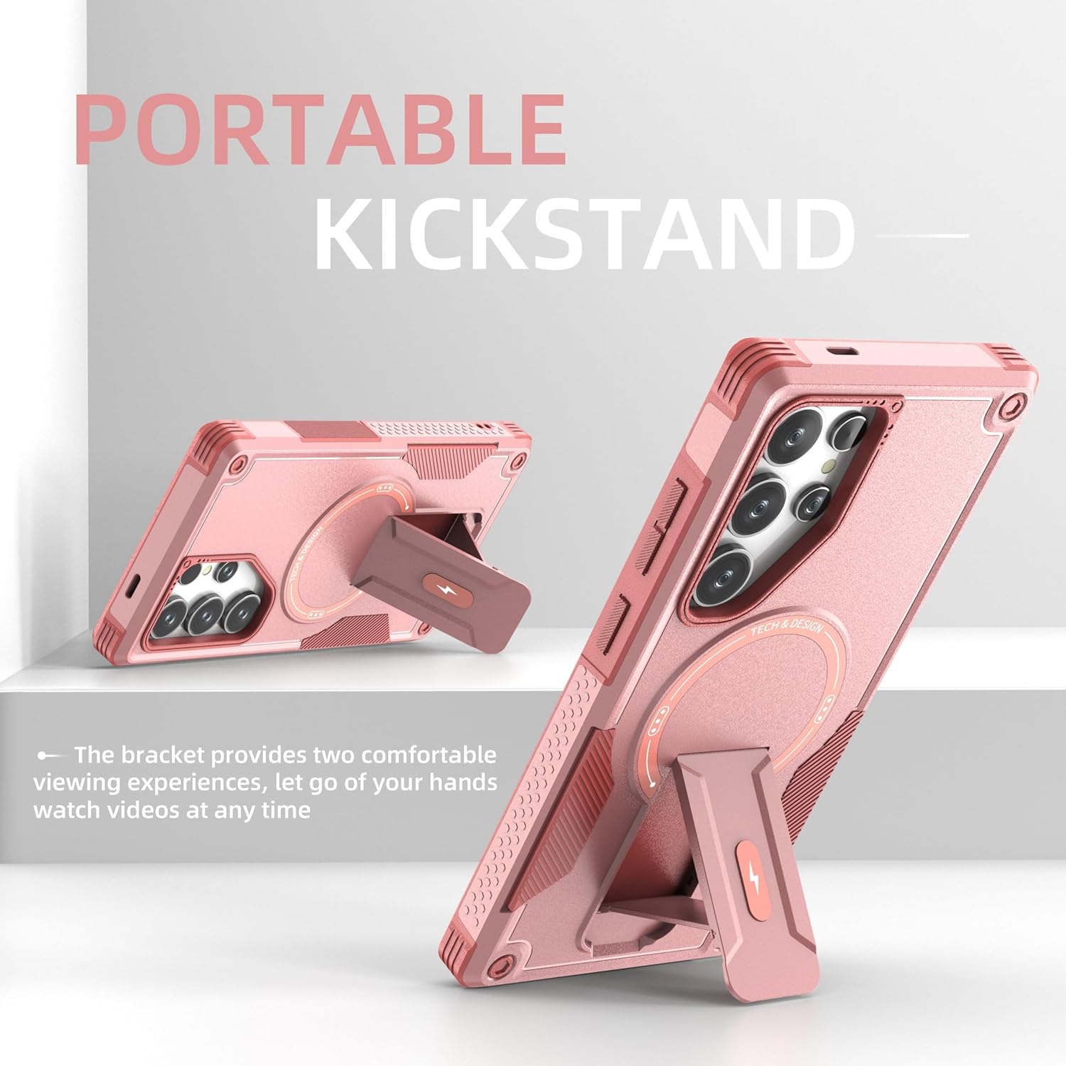 for Samsung Galaxy S24 Ultra case[Compatible with MagSafe][with 2 Pcs Fingerprint Unlock Glass Screen Protector][Built in Invisible Stand] Shockproof Protective Phone Cover 6.8-inch(Pink) - Image 3