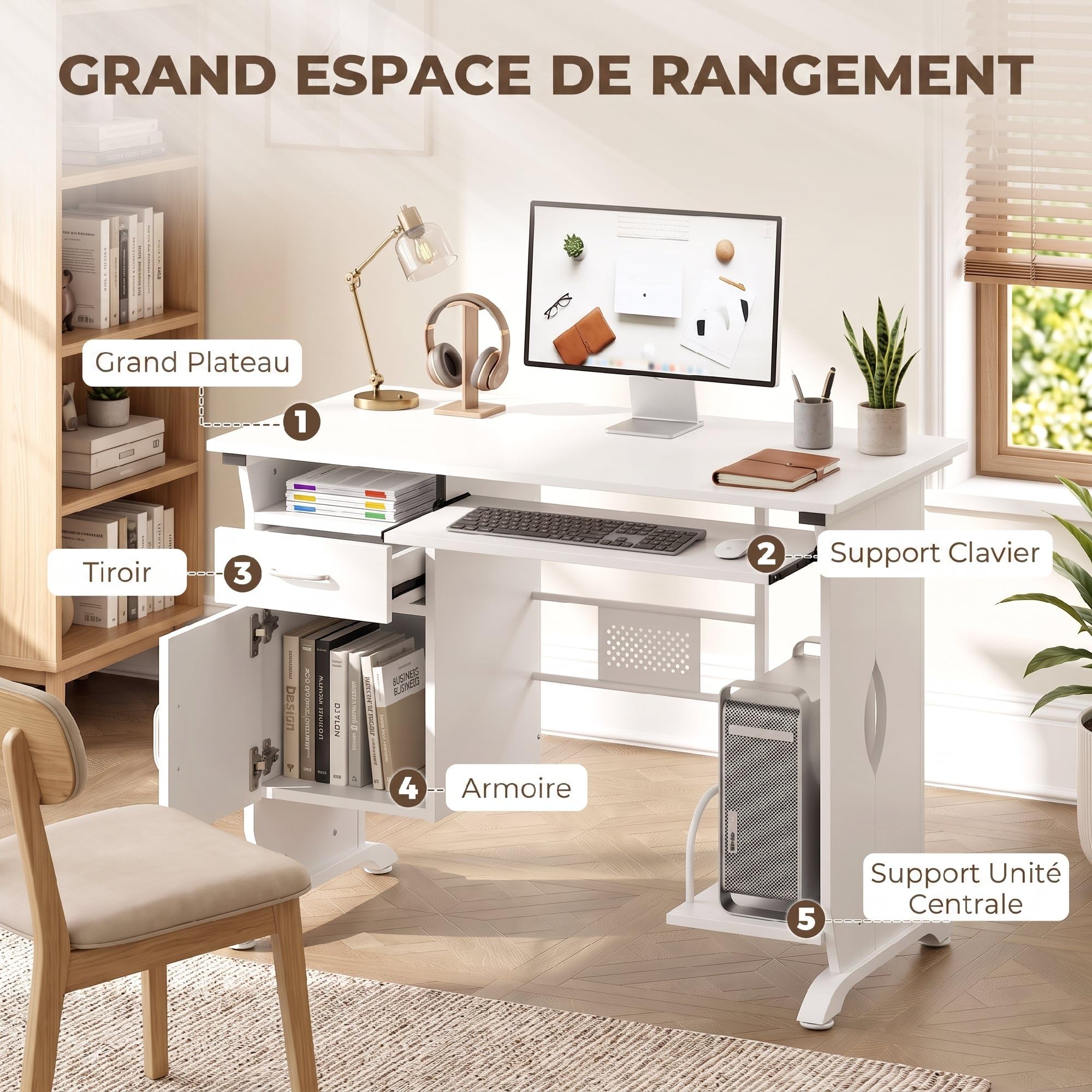 HOMCOM Bureau d'Ordinateur, Tablette Coulissante 100x52x75 cm Blanc