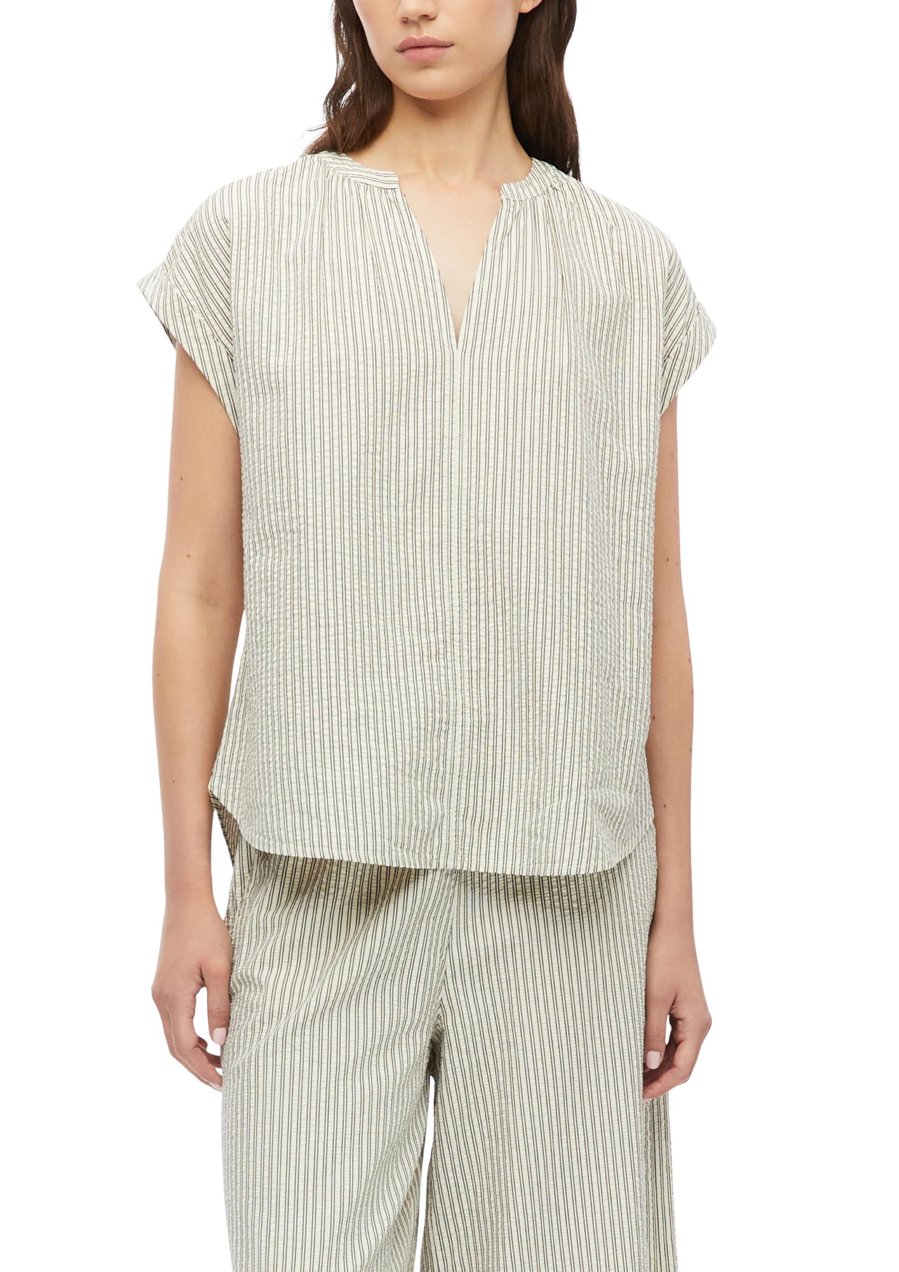 s.Oliver Damen Bluse – Regular Fit, Seersucker, gestreift, mit Raffung