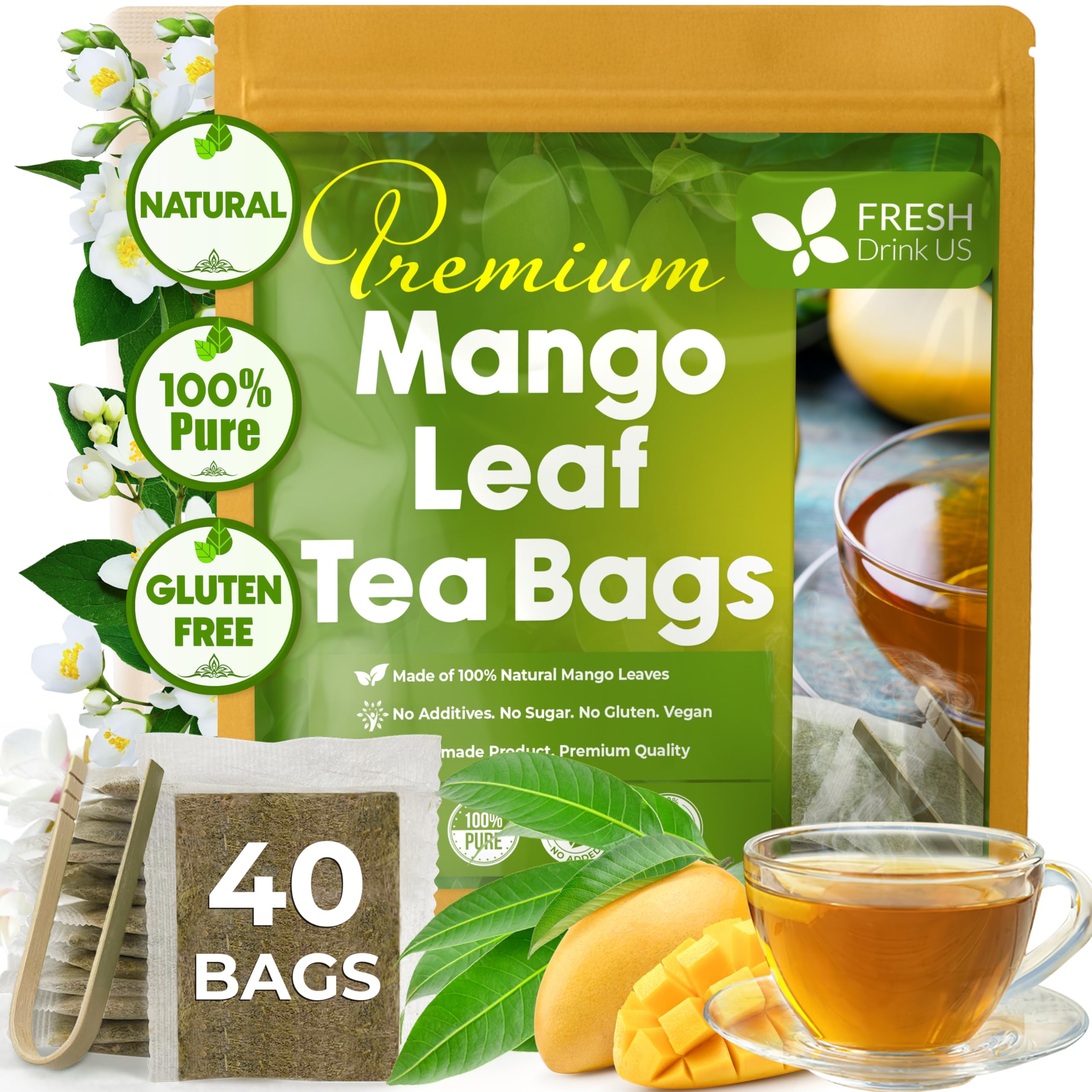 FreshDrinkUS, Premium 40 Mango Leaf Tea Bags, 100% Natural& Pure from Mango Leaves. Herbal Tea. No Sugar, No Caffeine, No Gluten, Vegan.