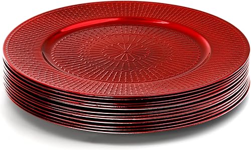 Miniatura 4 de DEAYOU Paquete de 12 platos de carga rojos, cargadores de cuentas de 13 pulgadas para platos de cena, platos de carga redondos reutilizables de