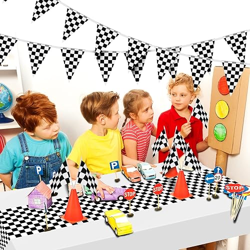 Miniatura 6 de Suministros para fiesta de cumpleaños de automóvil, decoraciones de fiesta de carreras, mantel de carretera, camino de mesa de carreras, fundas de
