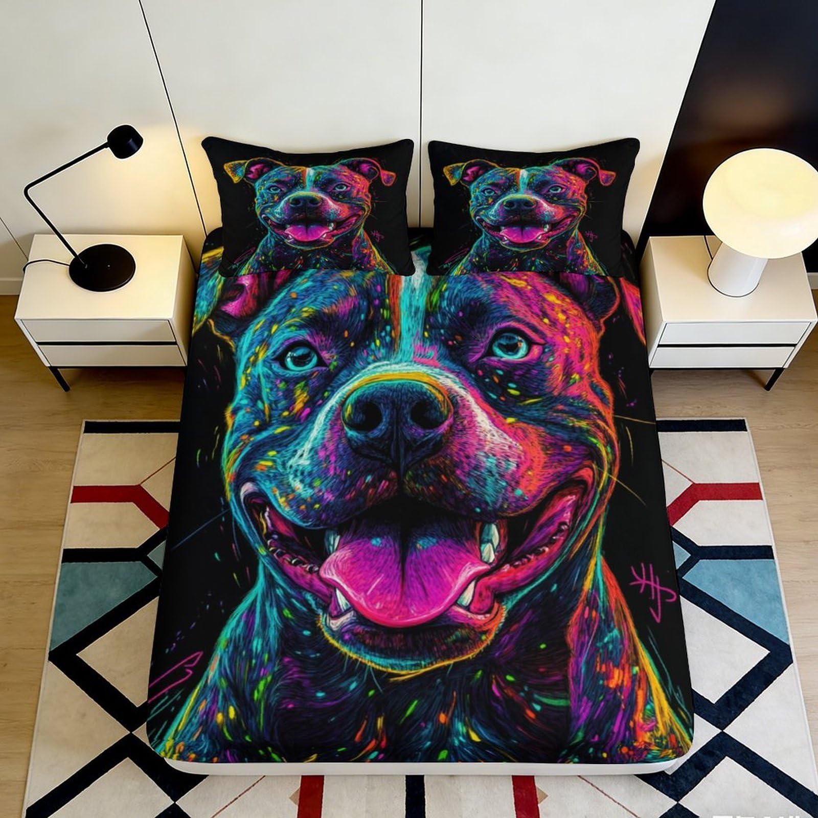 3D Printed Graffiti Dog Fitted Sheet Microfiber Elastic Hem Deep Pocket Graffiti Dog Mattress Fitted Cover Bedroom Bedding Set 200x200x25cm 90x200x25cm