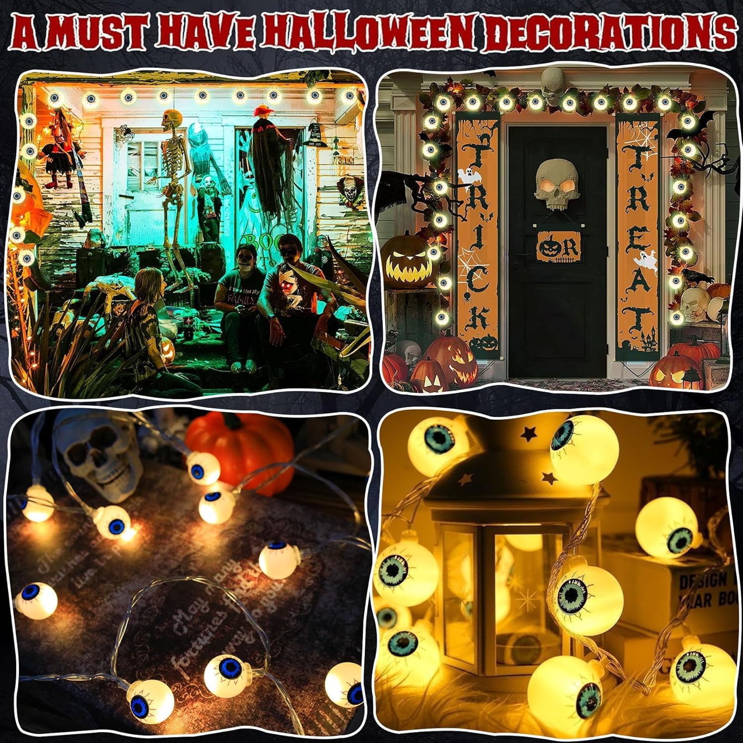 Halloween Lichterkette Mit Augäpfeln - 3m, 20 LED, Batteriebetrieben, Warmweiß