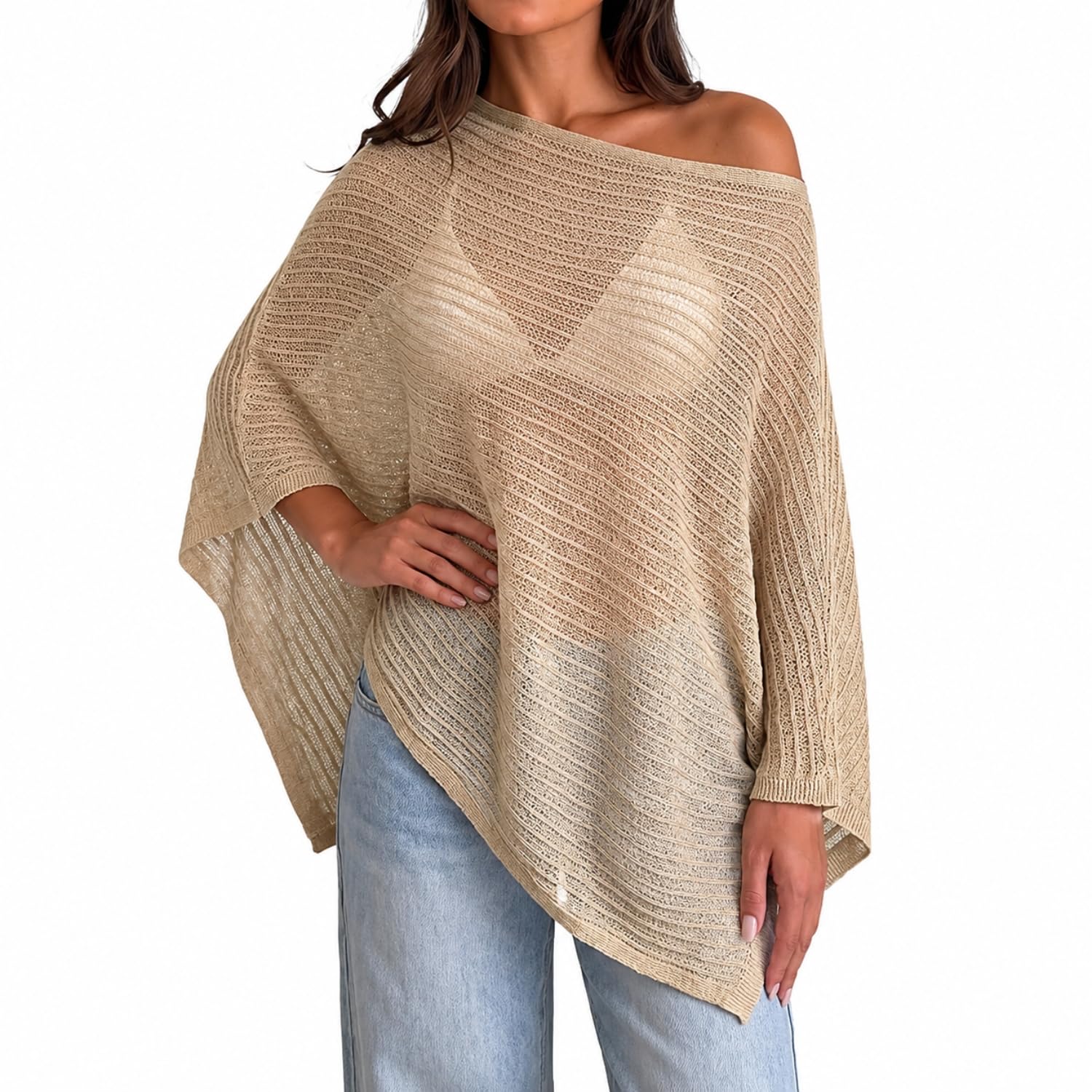 Poncho Top with Striped Fashion Design Crochet Top for Women Full Sleeve Off The Shoulder Beach Coverups Wear | Beach Wear | Travel Style | Casual Outfit Beige-image-27